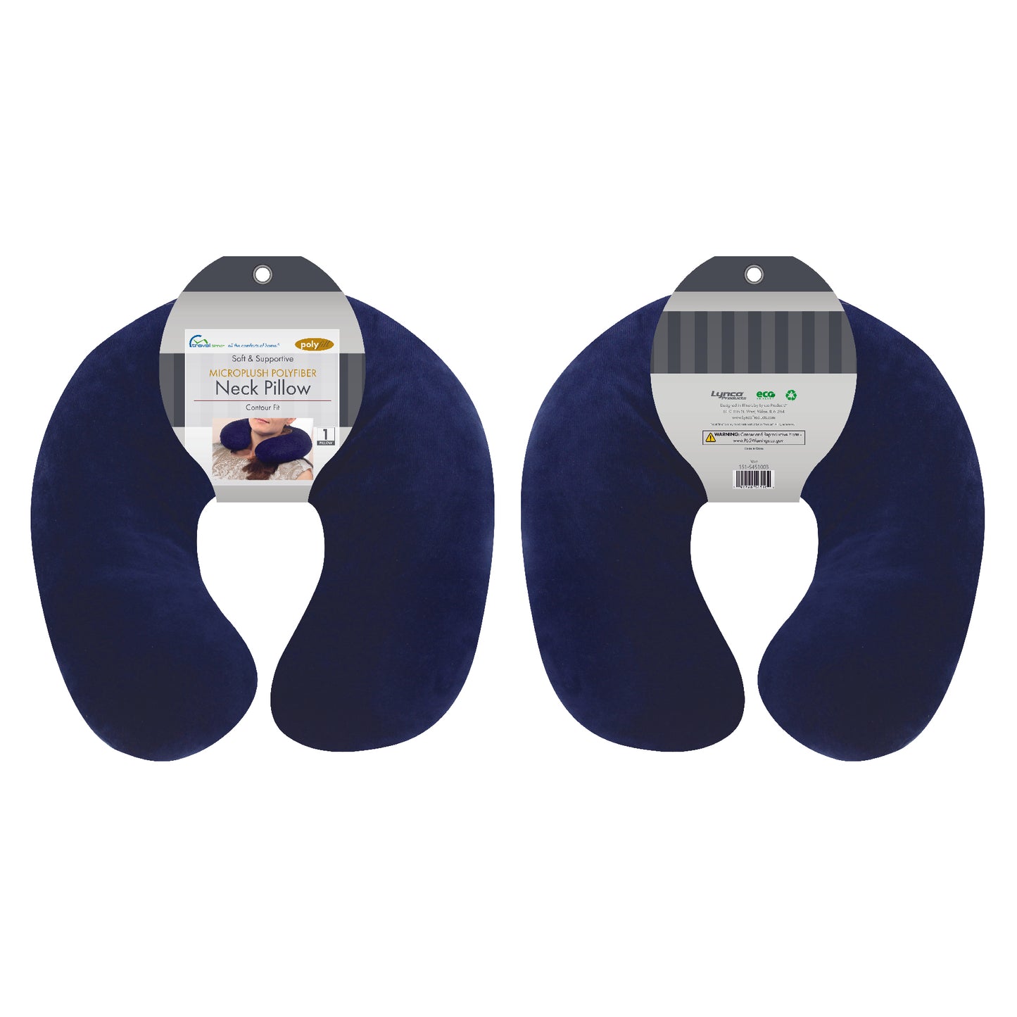 Packaged front and back view of the Plush Travel Neck Pillow in Navy, which is made of ultra-soft dark navy fabric.
