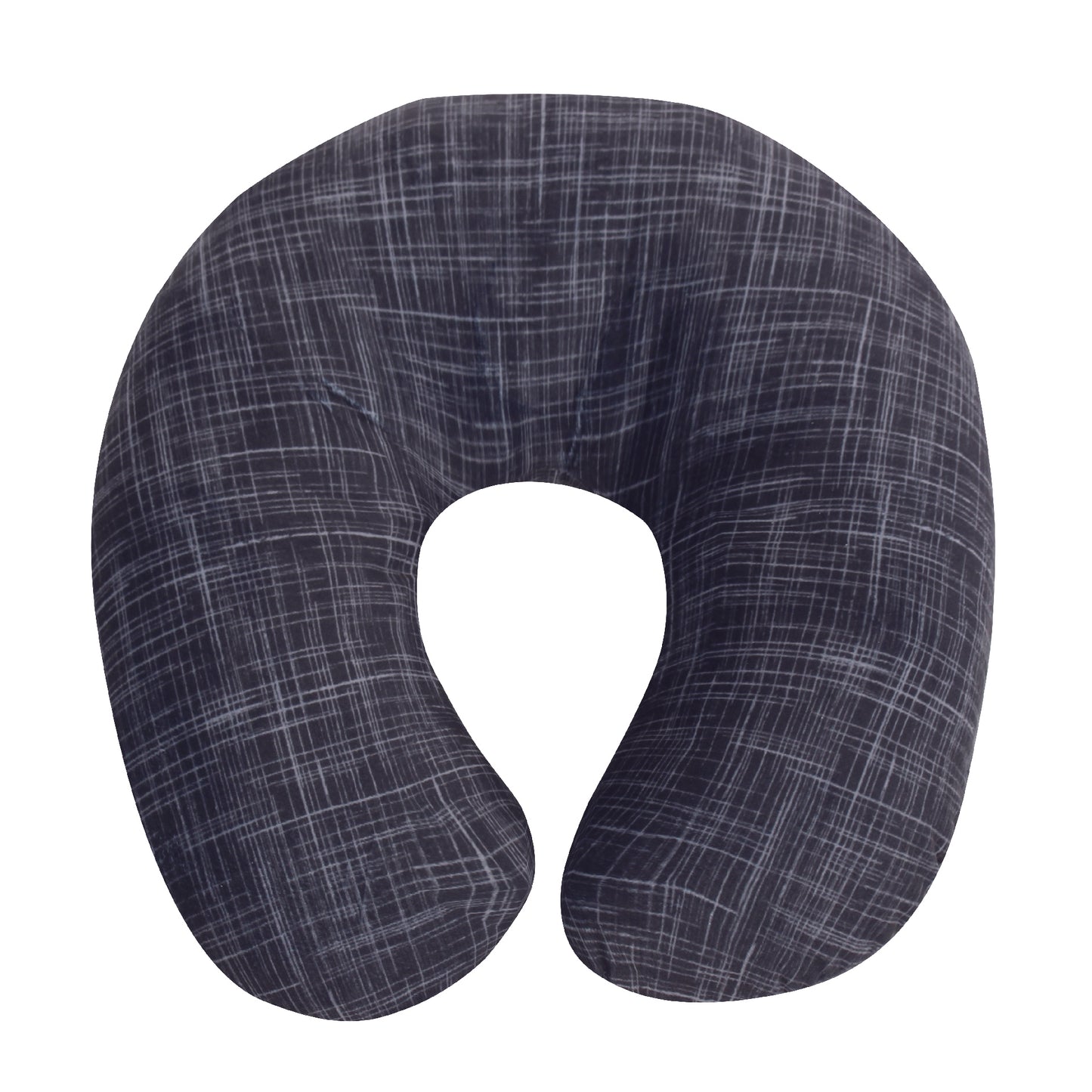 Front view of the Plush Travel Neck Pillow in Black Hatch, which is made of ultra-soft black, gray, and white cross-hatch fabric.