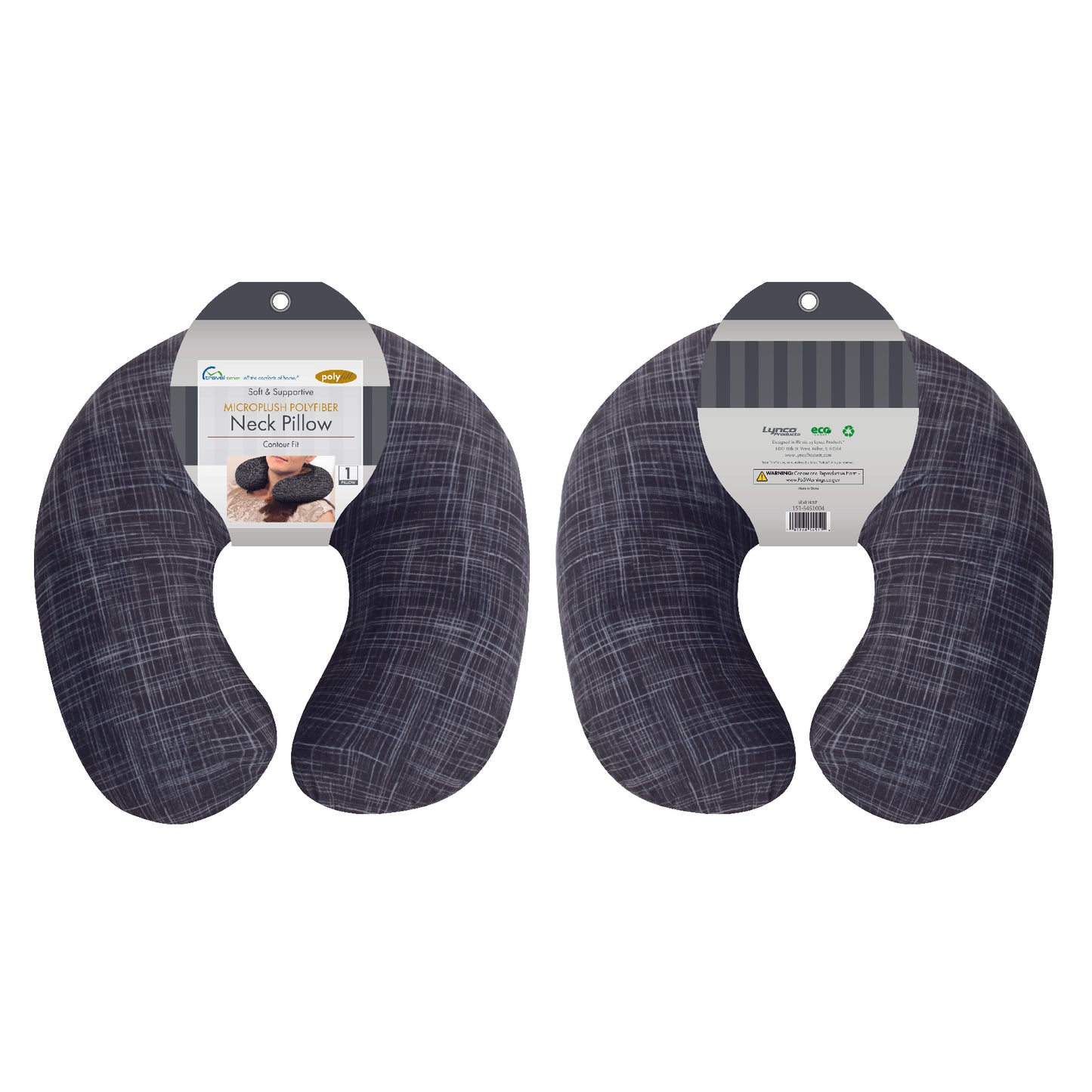 Packaged front and back view of the Plush Travel Neck Pillow in Black Hatch, which is made of ultra-soft black, gray, and white cross-hatch fabric.