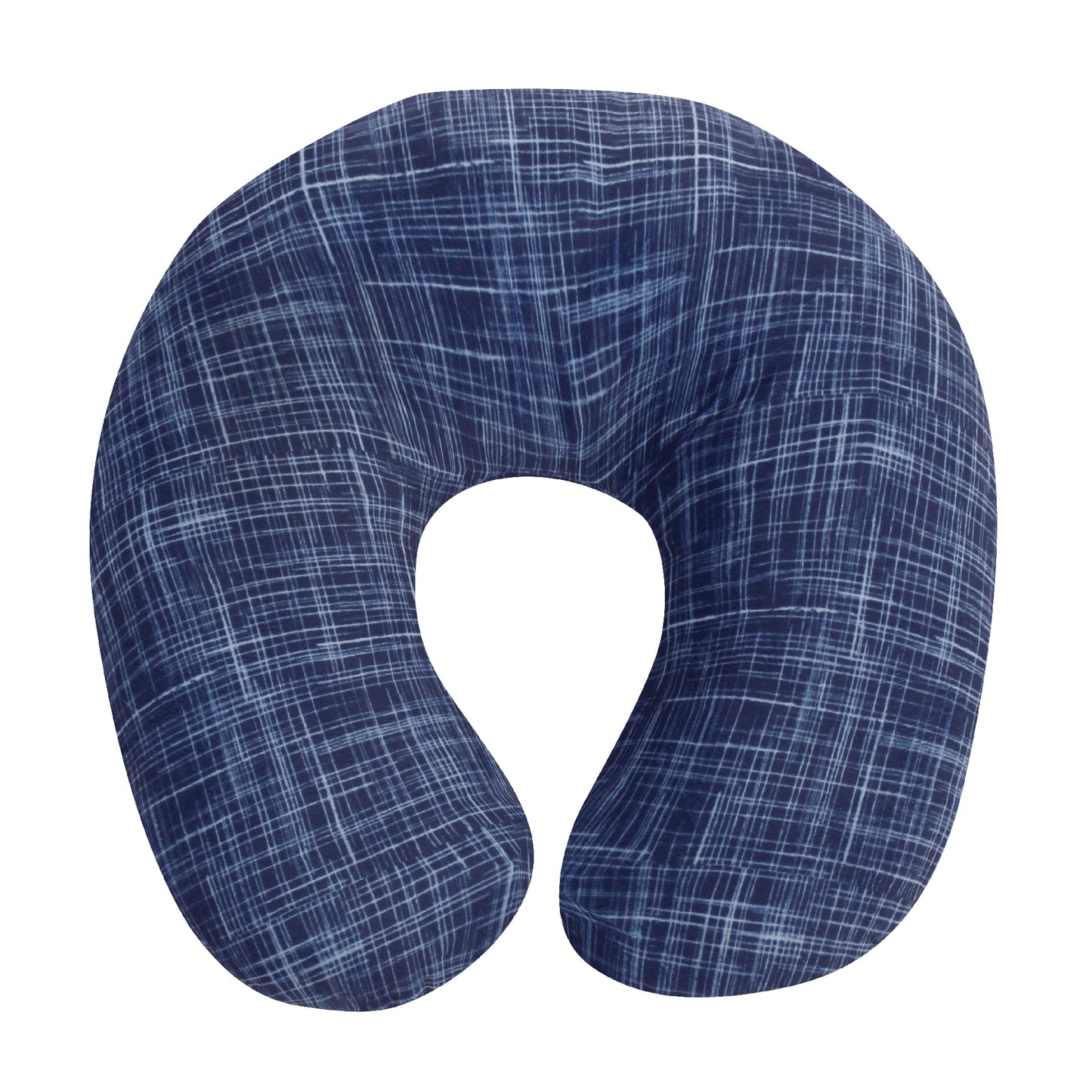 Front view of the Plush Travel Neck Pillow in Navy Hatch, which is made of ultra-soft navy, blue, and white cross-hatch fabric.