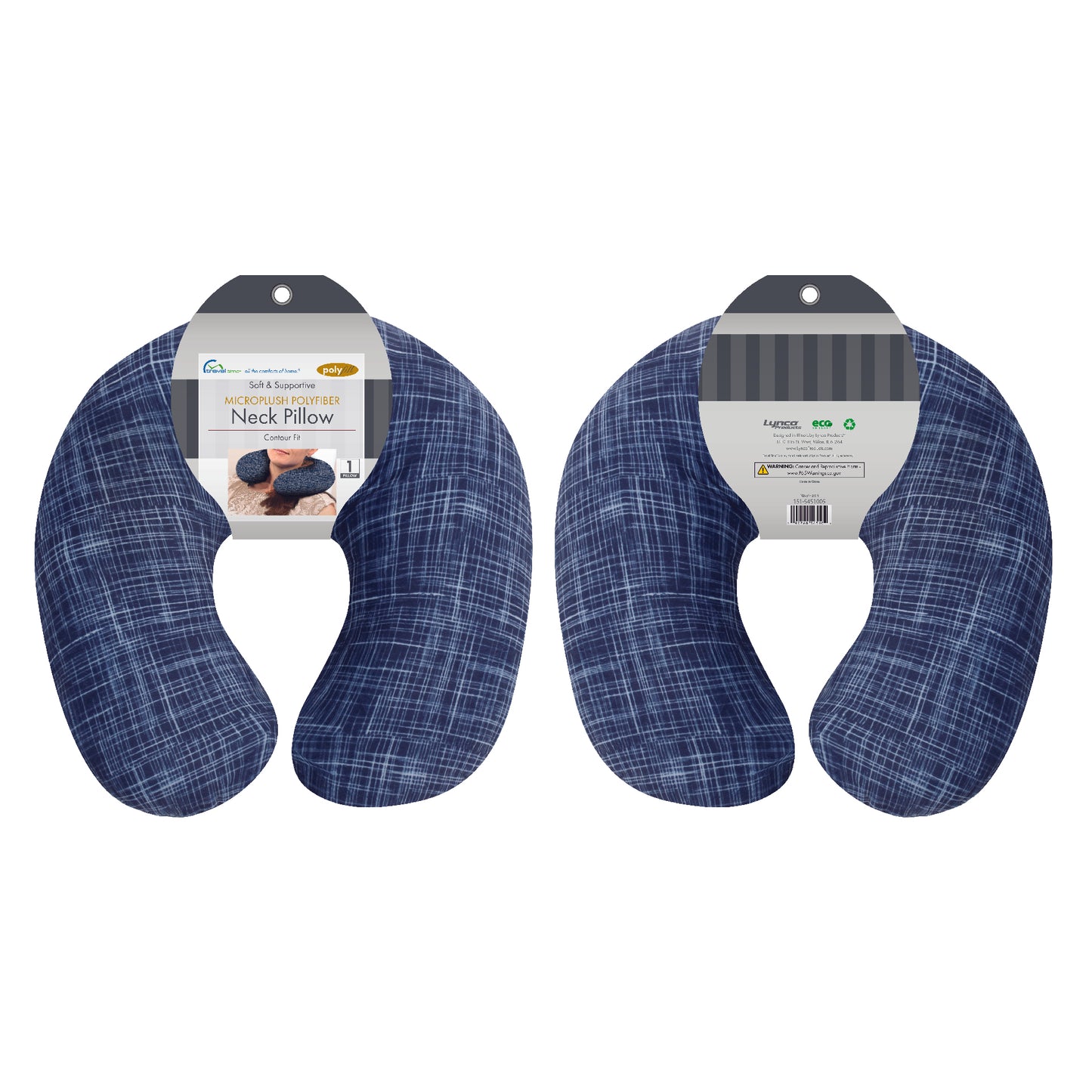 Packaged front and back view of the Plush Travel Neck Pillow in Navy Hatch, which is made of ultra-soft navy, blue, and white cross-hatch fabric.