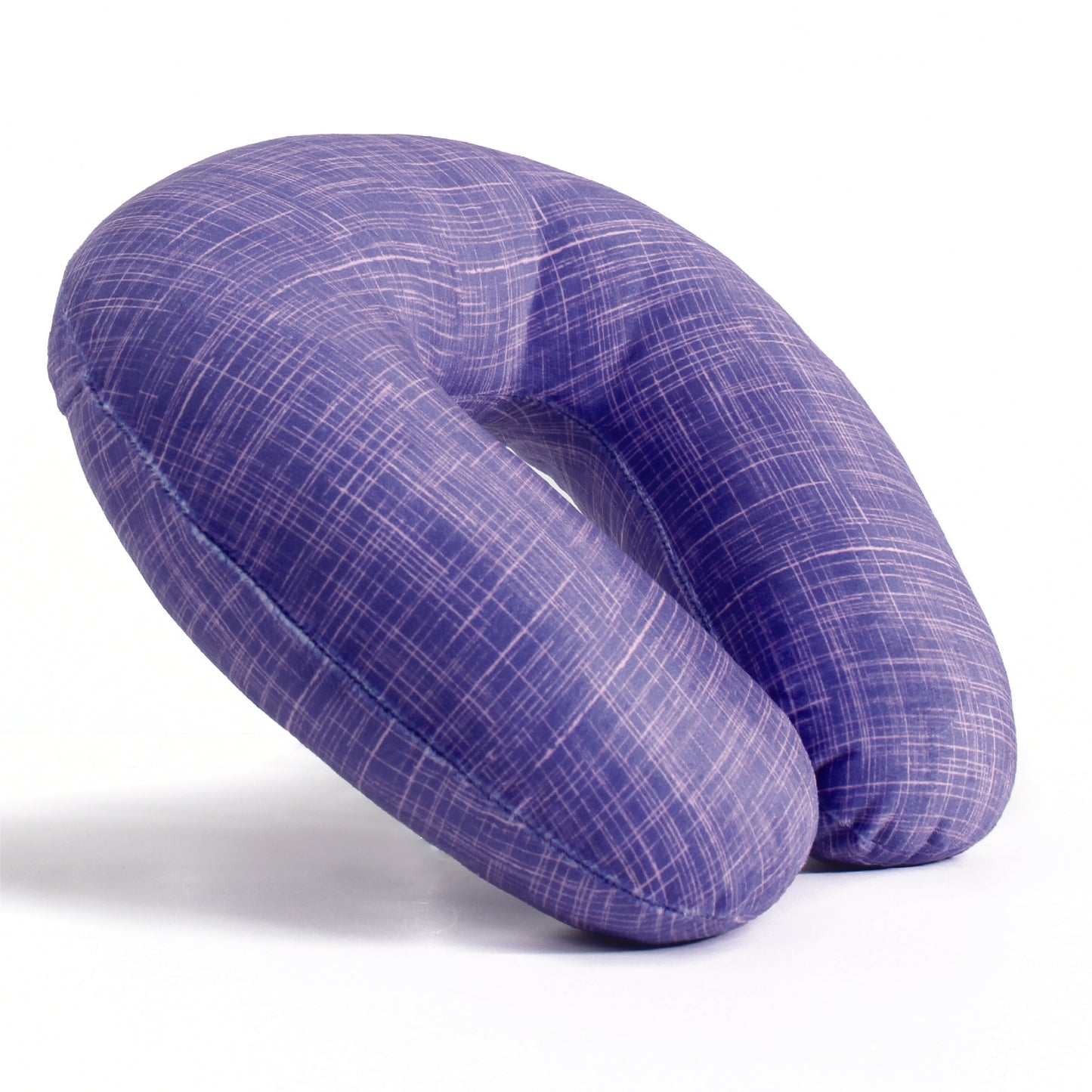 Side view of the Plush Travel Neck Pillow in UV Hatch, which is made of ultra-soft purple and pink cross-hatch fabric.