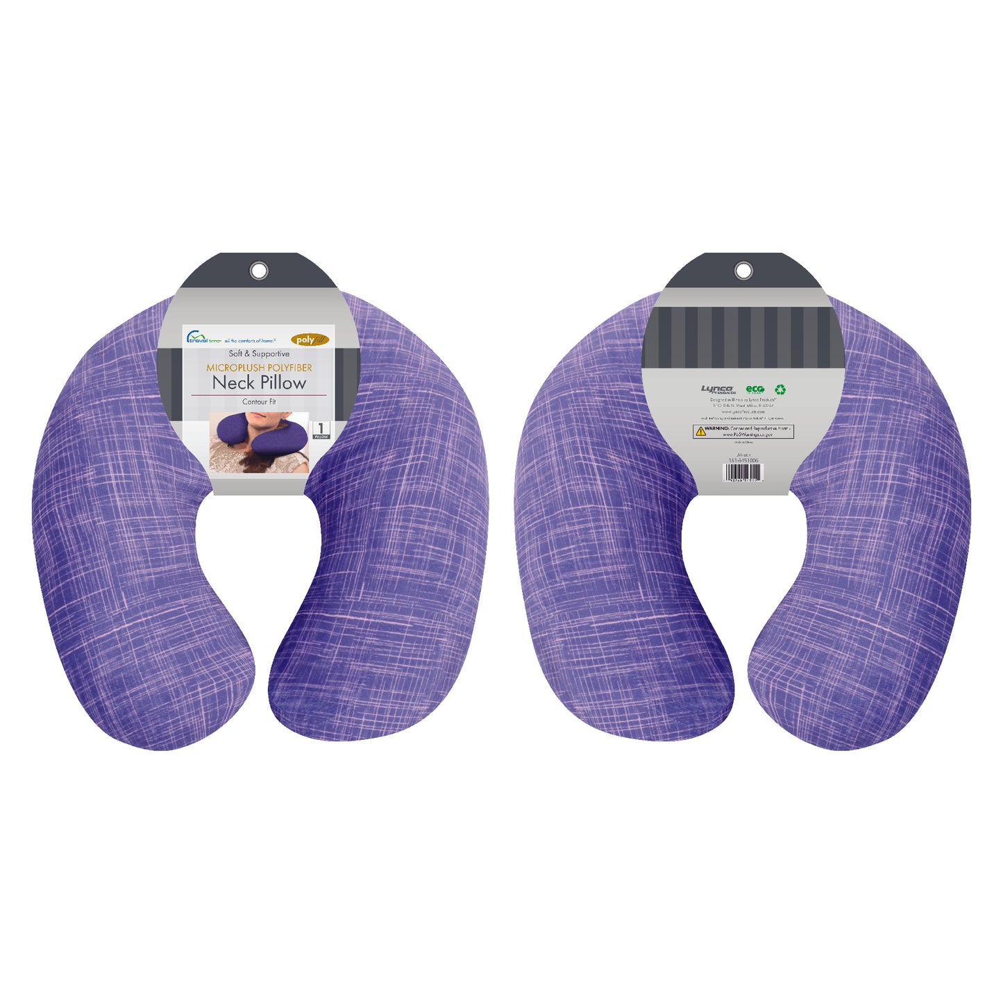 Packaged front and back view of the Plush Travel Neck Pillow in UV Hatch, which is made of ultra-soft purple and pink cross-hatch fabric.