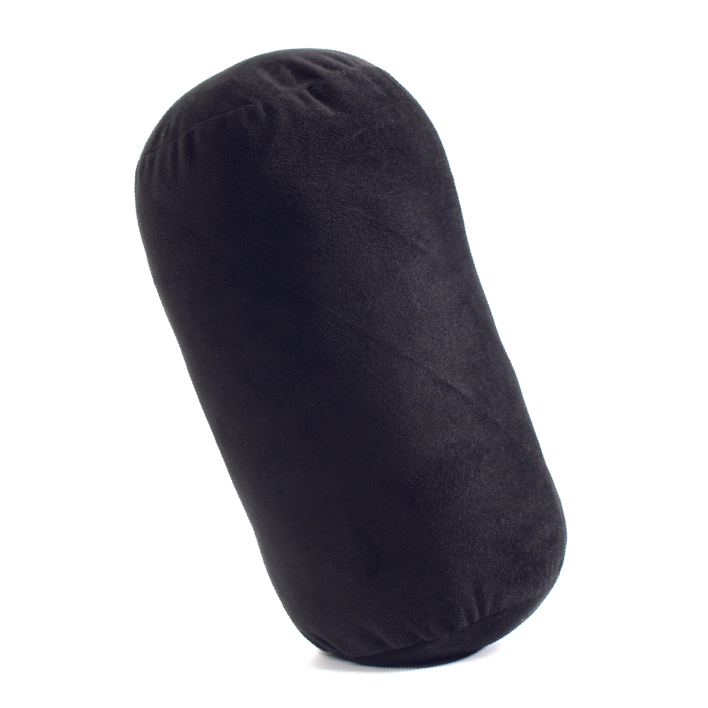 Side view of the Plush Roll Travel Pillow in Black, which is made of ultra-soft dark black fabric.