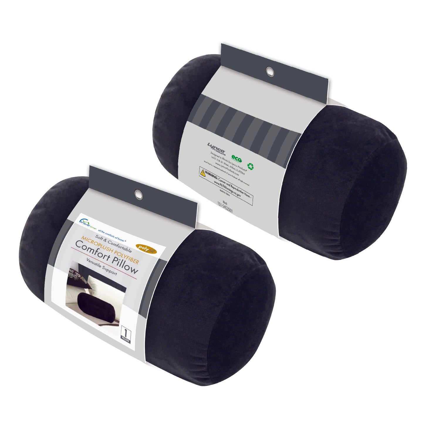 Packaged front and back view of the Plush Roll Travel Pillow in Black, which is made of ultra-soft dark black fabric.