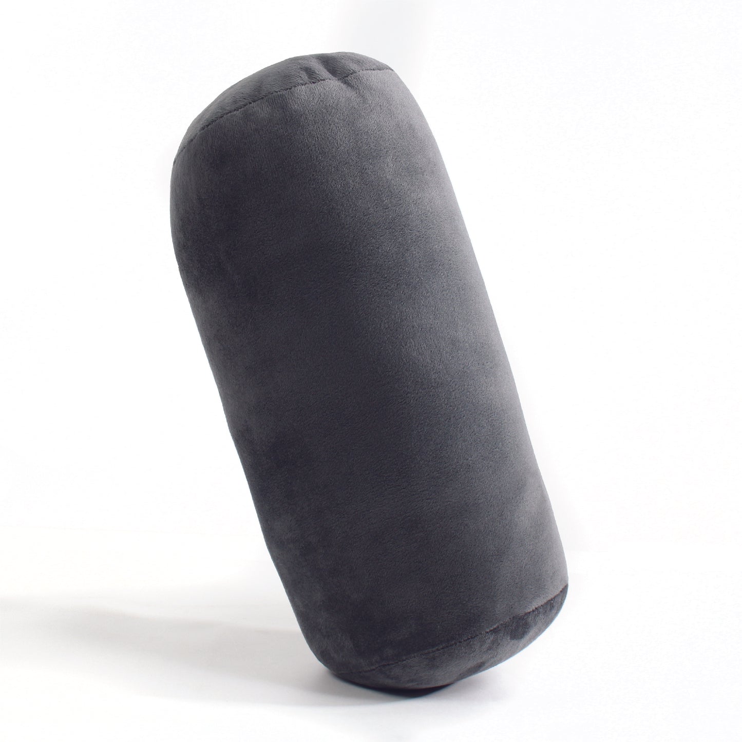 Side view of the Plush Roll Travel Pillow in Gray, which is made of ultra-soft light gray fabric.