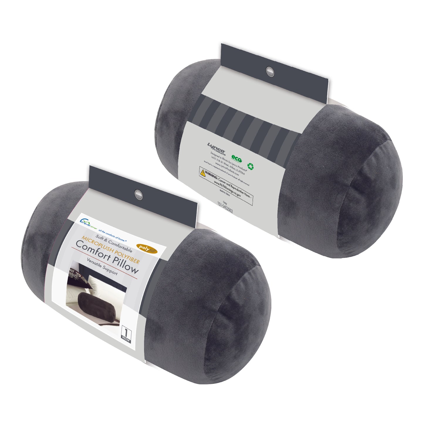 Packaged front and back view of the Plush Roll Travel Pillow in Gray, which is made of ultra-soft light gray fabric.