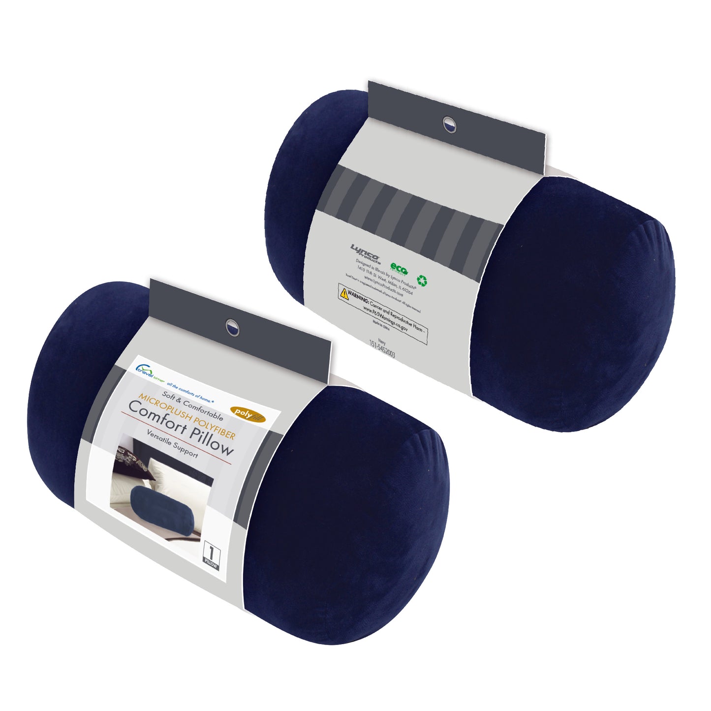 Packaged front and back view of the Plush Roll Travel Pillow in Navy, which is made of ultra-soft dark navy fabric.
