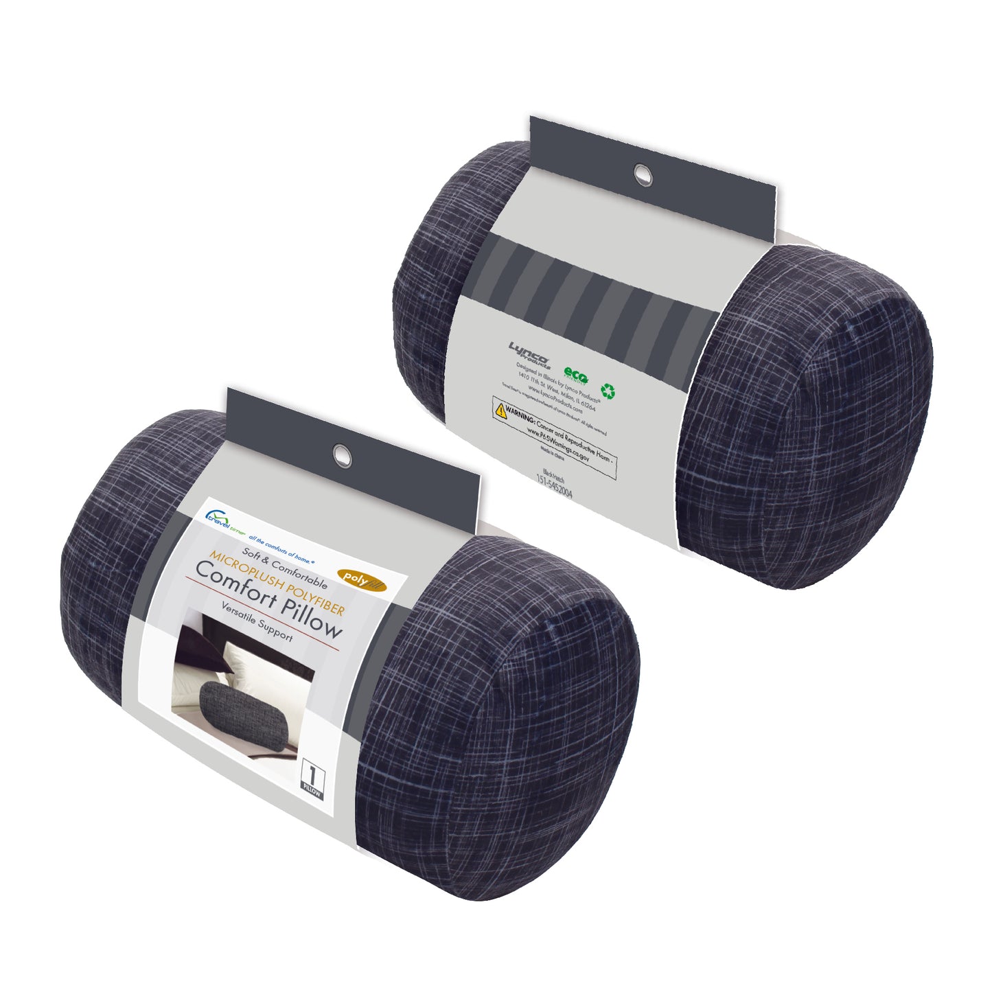 Packaged front and back view of the Plush Roll Travel Pillow in Black Hatch, which is made of ultra-soft black, gray, and white cross-hatch fabric.