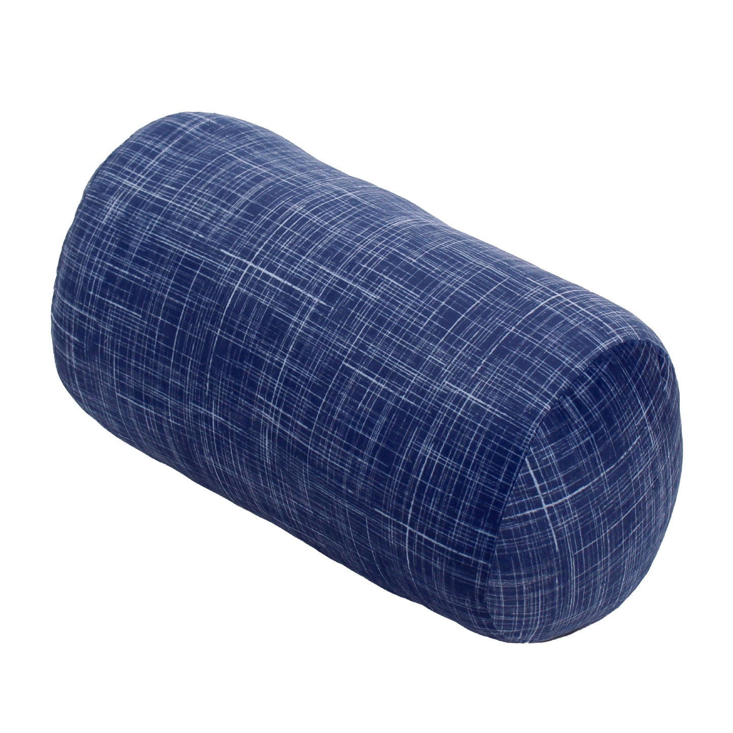 Front view of the Plush Roll Travel Pillow in Navy Hatch, which is made of ultra-soft navy, blue, and white cross-hatch fabric.