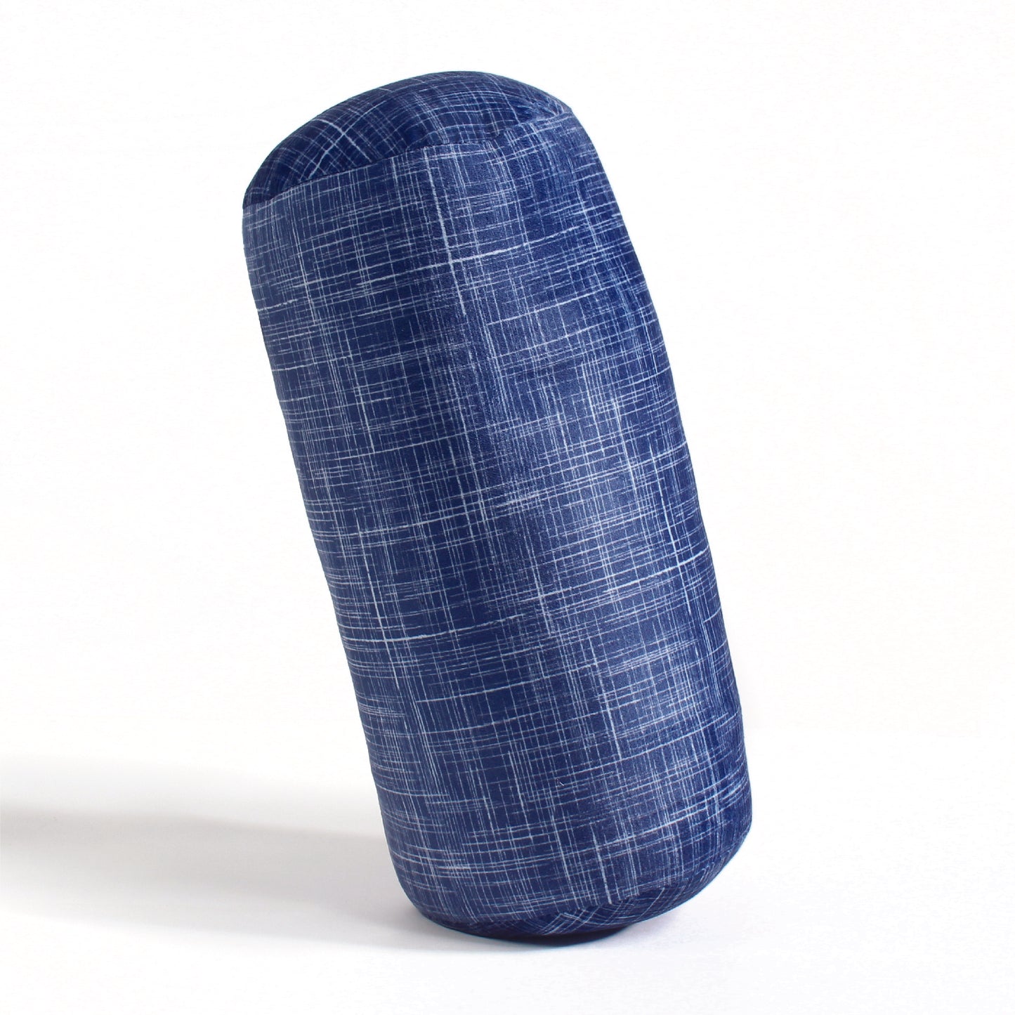 Side view of the Plush Roll Travel Pillow in Navy Hatch, which is made of ultra-soft navy, blue, and white cross-hatch fabric.