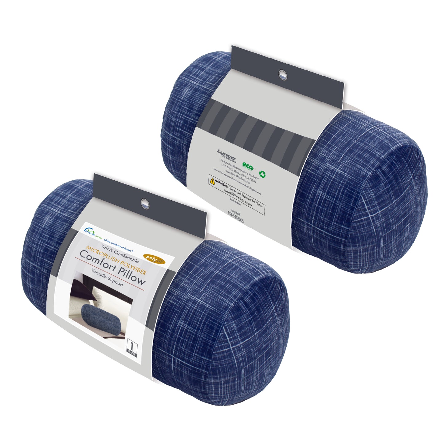 Packaged front and back view of the Plush Roll Travel Pillow in Navy Hatch, which is made of ultra-soft navy, blue, and white cross-hatch fabric.