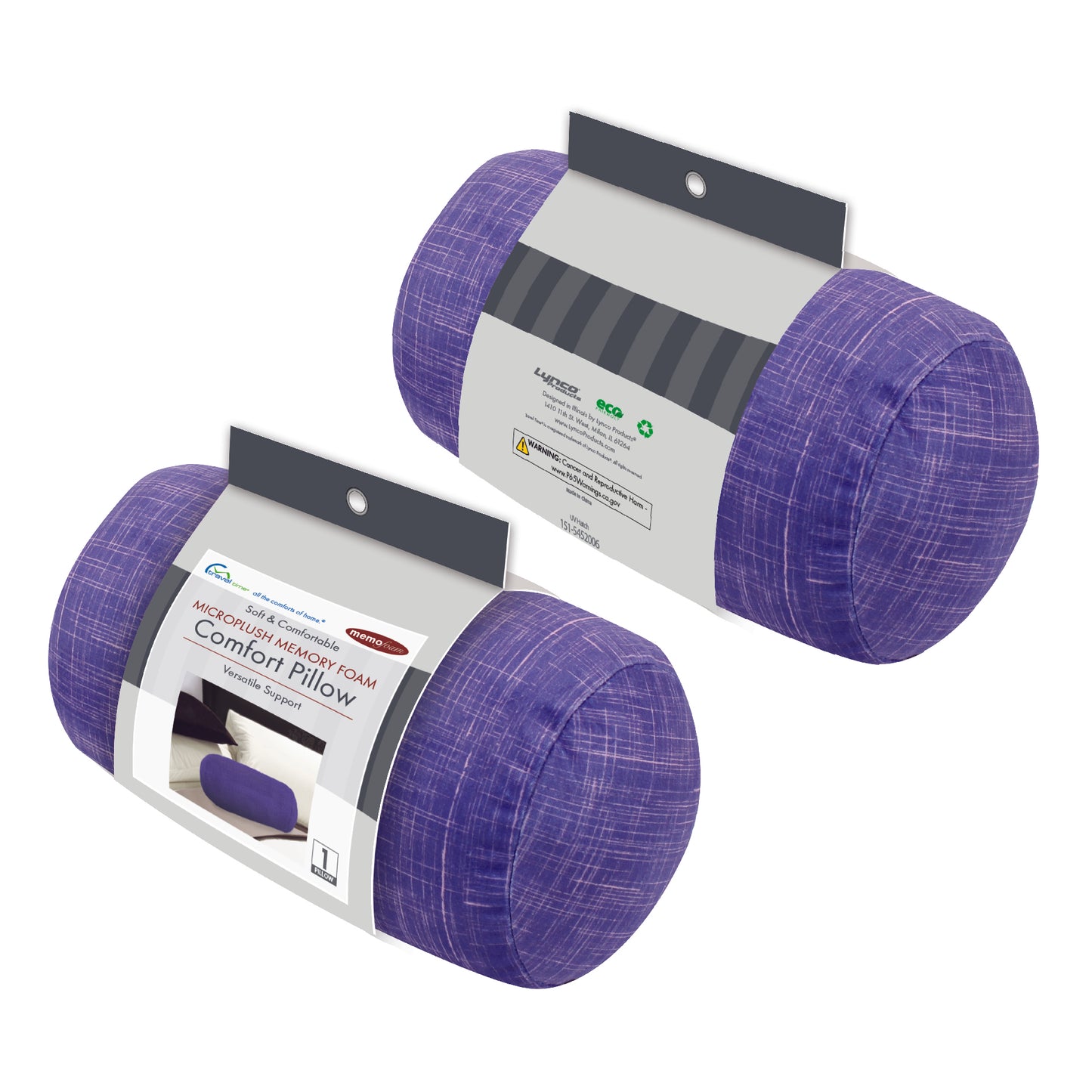 Packaged front and back view of the Plush Roll Travel Pillow in UV Hatch, which is made of ultra-soft purple and pink cross-hatch fabric.