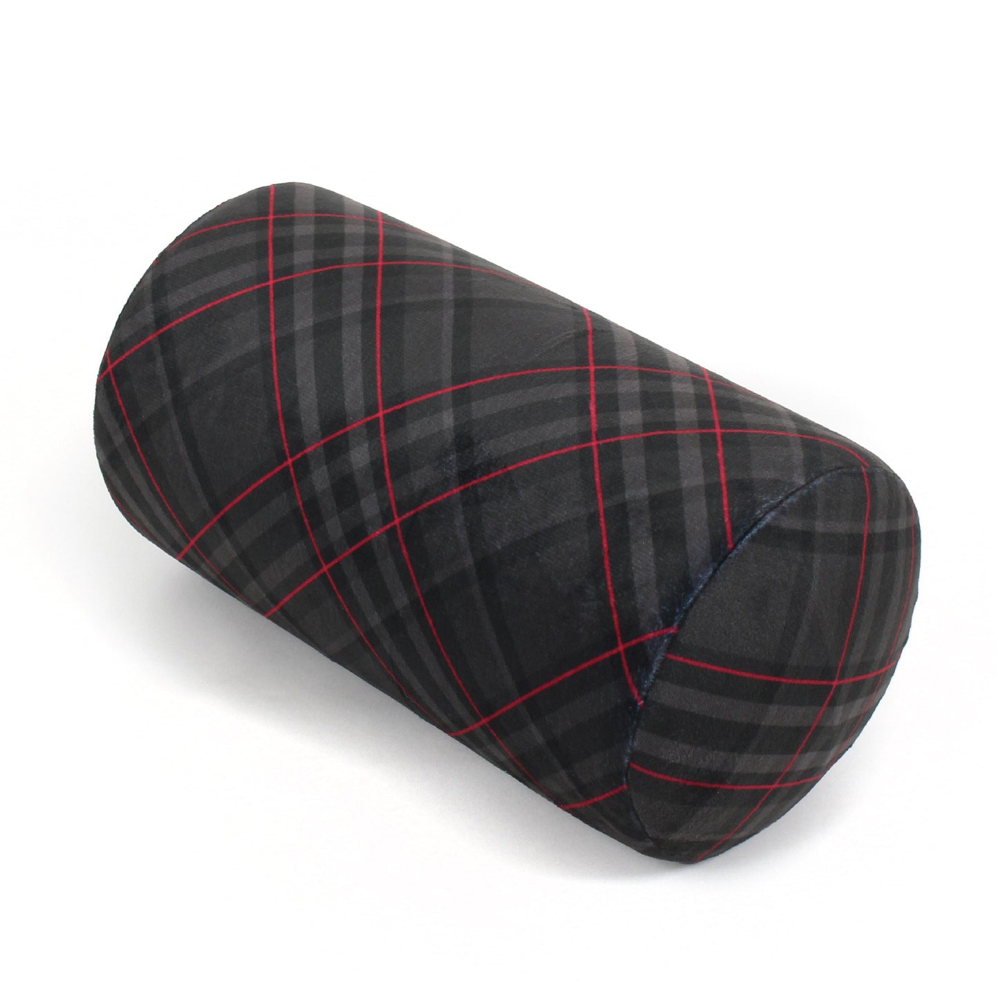 Front view of the Memory Foam Roll Travel Pillow in Black and Red Plaid, which is made of ultra-soft gray, dark gray, black, and red plaid fabric.
