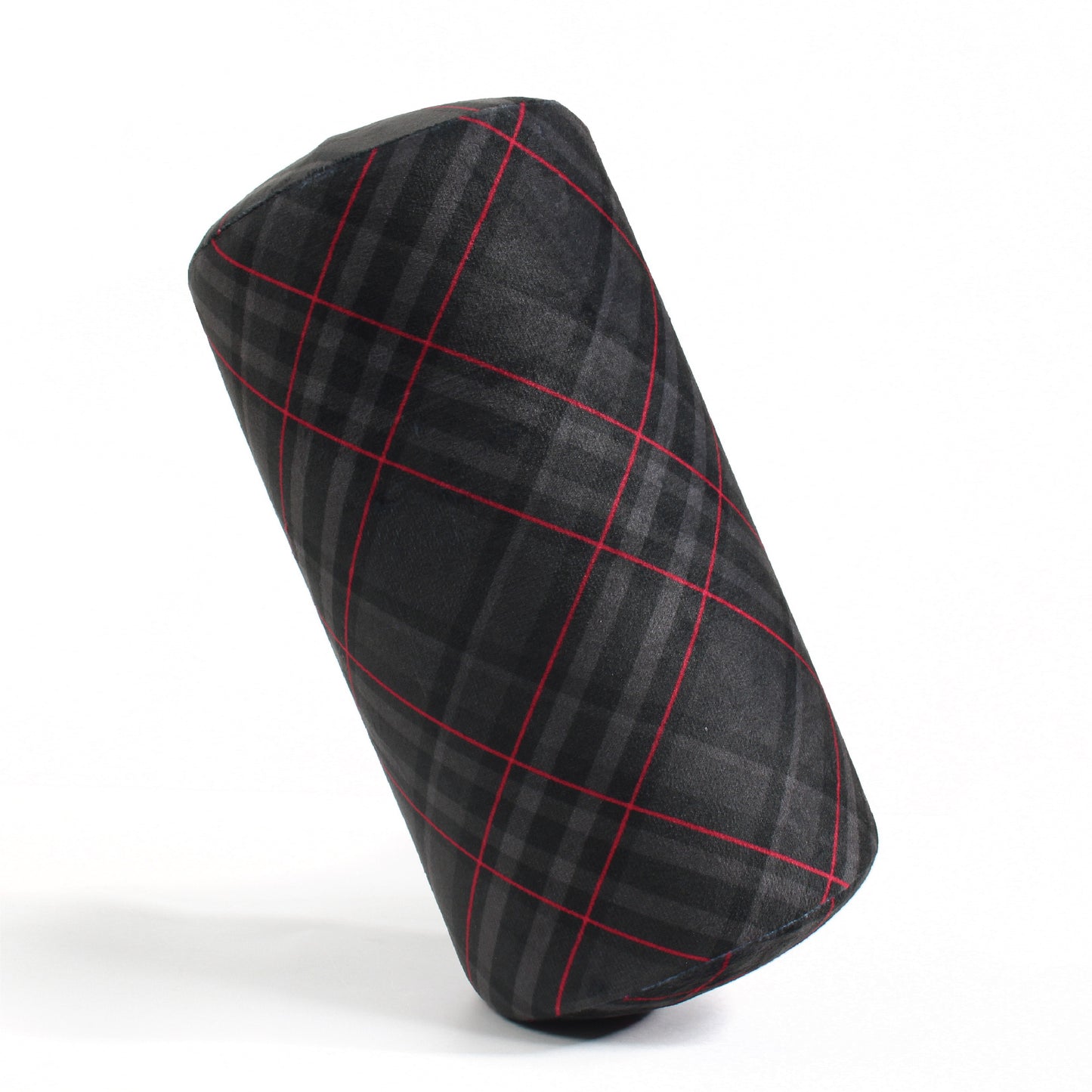 Side view of the Memory Foam Roll Travel Pillow in Black and Red Plaid, which is made of ultra-soft gray, dark gray, black, and red plaid fabric.