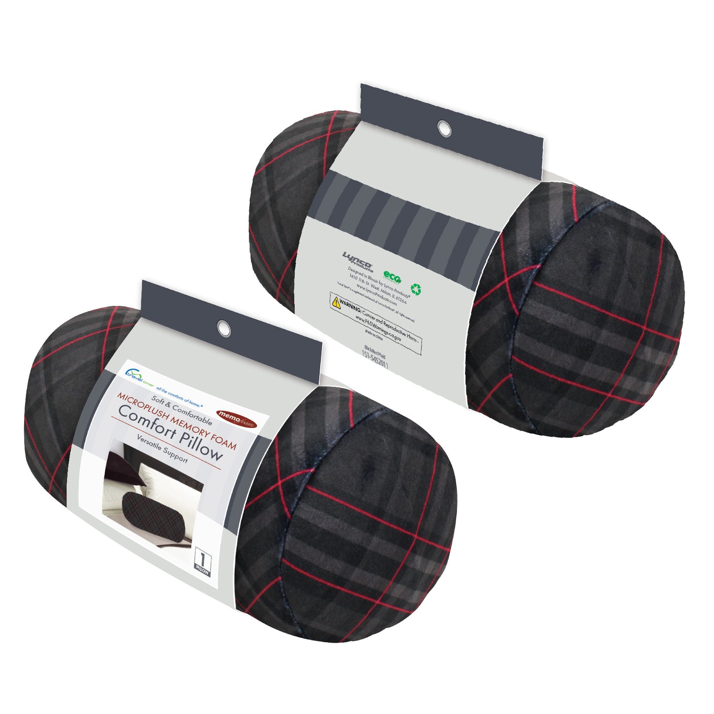 Packaged front and back view of the Memory Foam Roll Travel Pillow in Black and Red Plaid, which is made of ultra-soft gray, dark gray, black, and red plaid fabric.