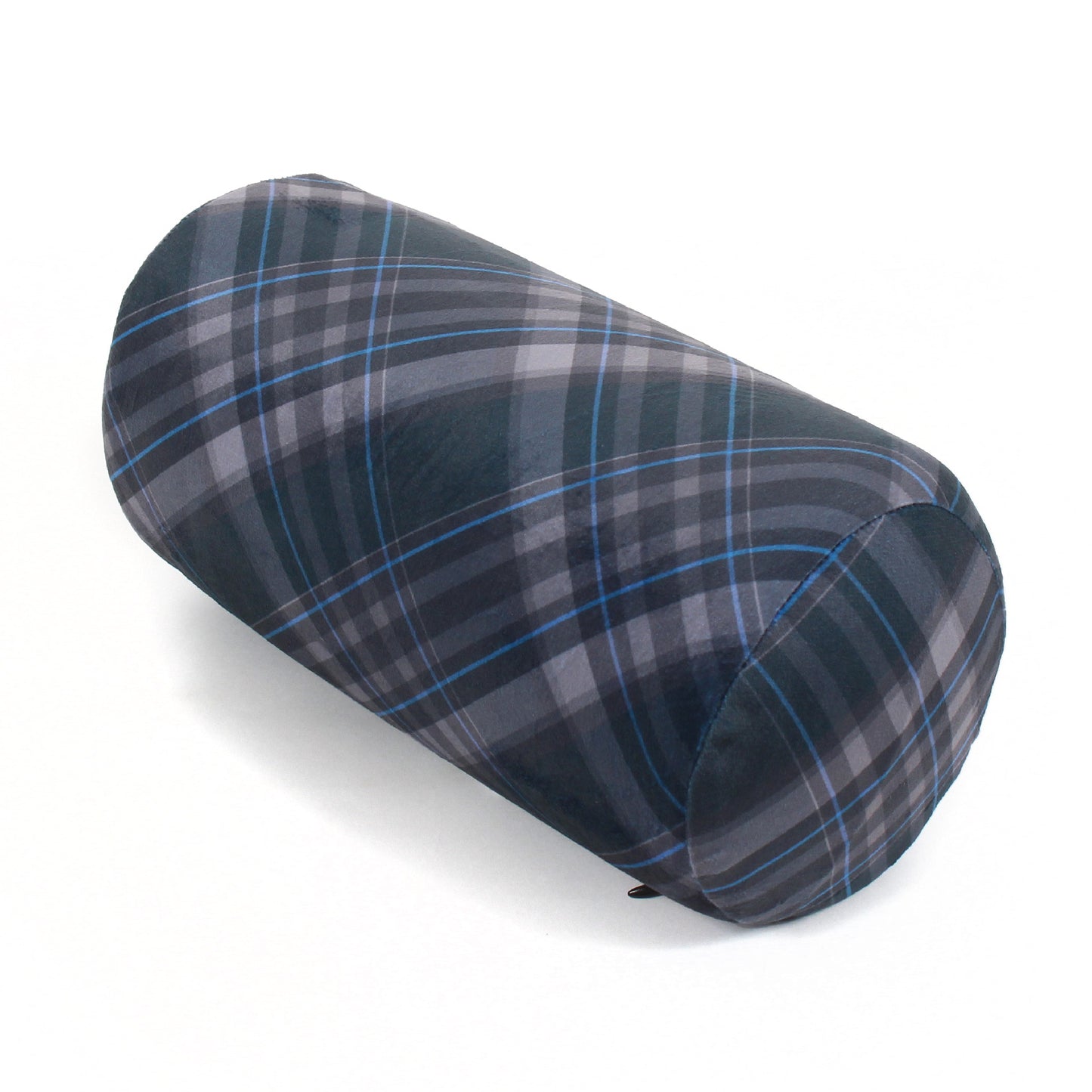 Front view of the Memory Foam Roll Travel Pillow in Navy Plaid, which is made of ultra-soft blue, white, and gray plaid fabric.
