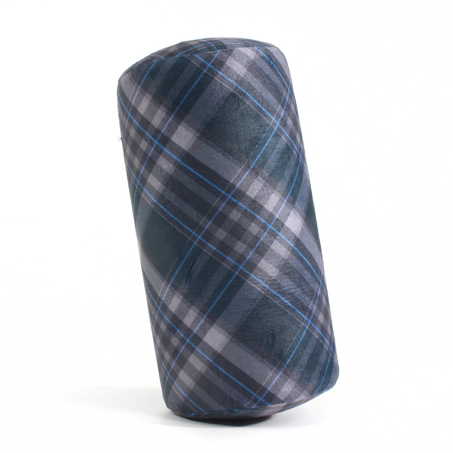 Side view of the Memory Foam Roll Travel Pillow in Navy Plaid, which is made of ultra-soft blue, white, and gray plaid fabric.