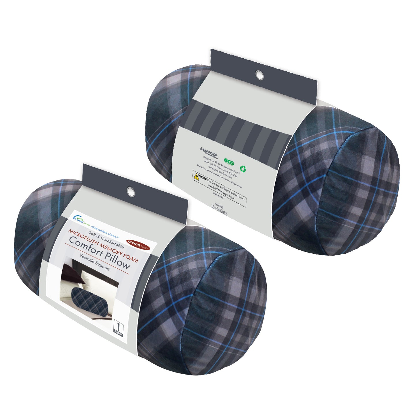 Packaged front and back view of the Memory Foam Roll Travel Pillow in Navy Plaid, which is made of ultra-soft blue, white, and gray plaid fabric.