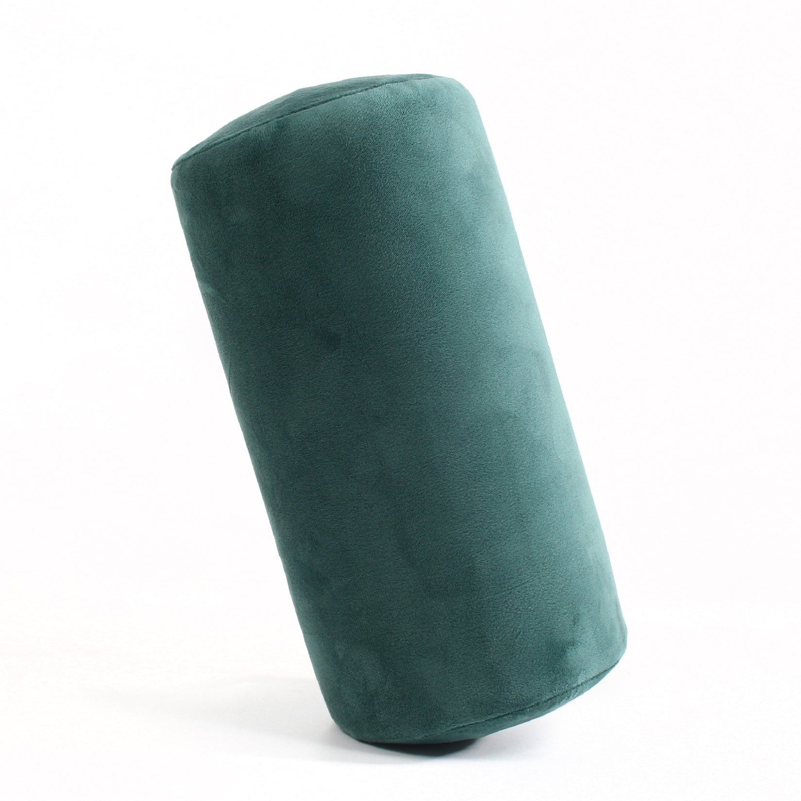 Side view of the Memory Foam Roll Travel Pillow in Hunter Green, which is made of ultra-soft dark green fabric