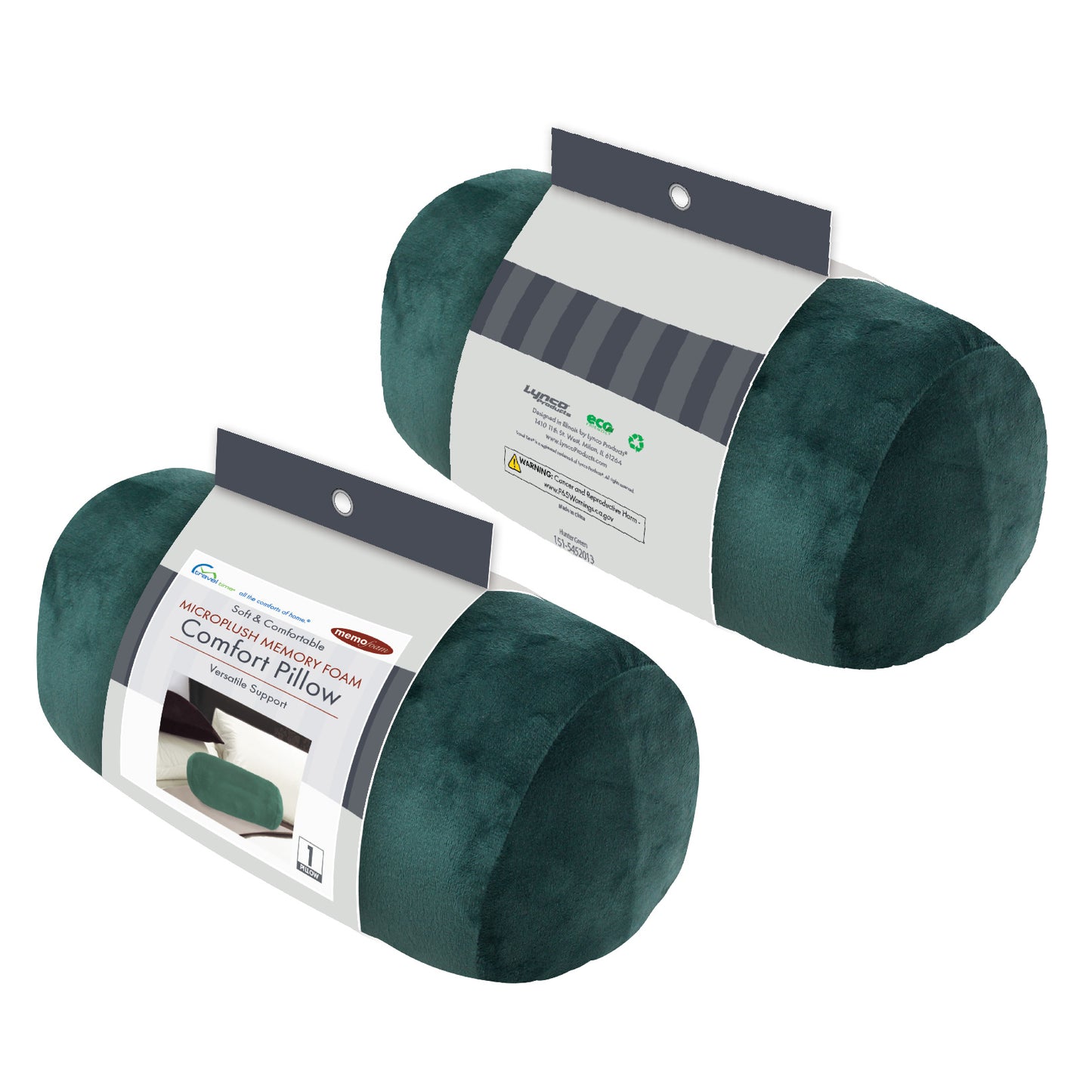 Packaged front and back view of the Memory Foam Roll Travel Pillow in Hunter Green, which is made of ultra-soft dark green fabric