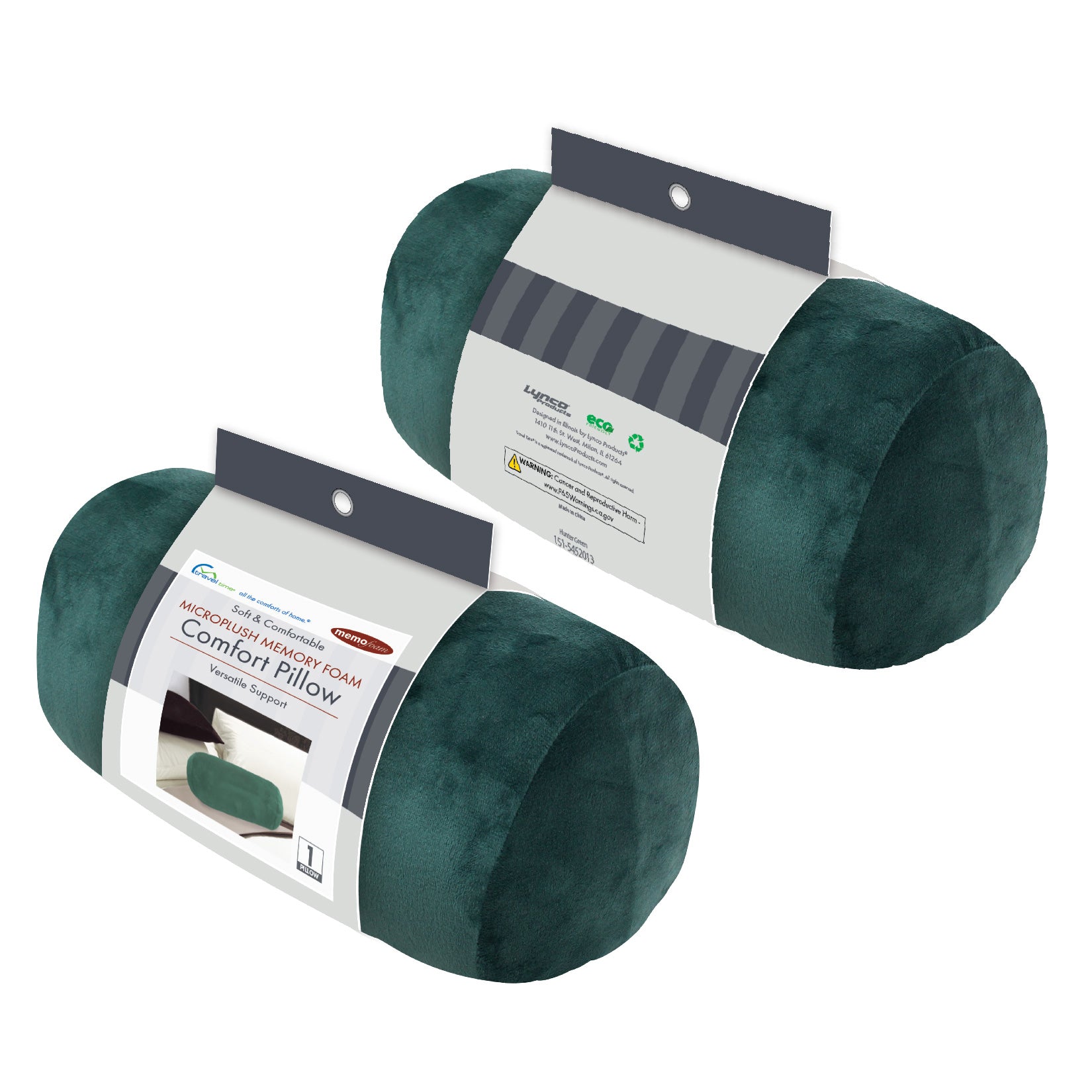 Packaged front and back view of the Memory Foam Roll Travel Pillow in Hunter Green, which is made of ultra-soft dark green fabric