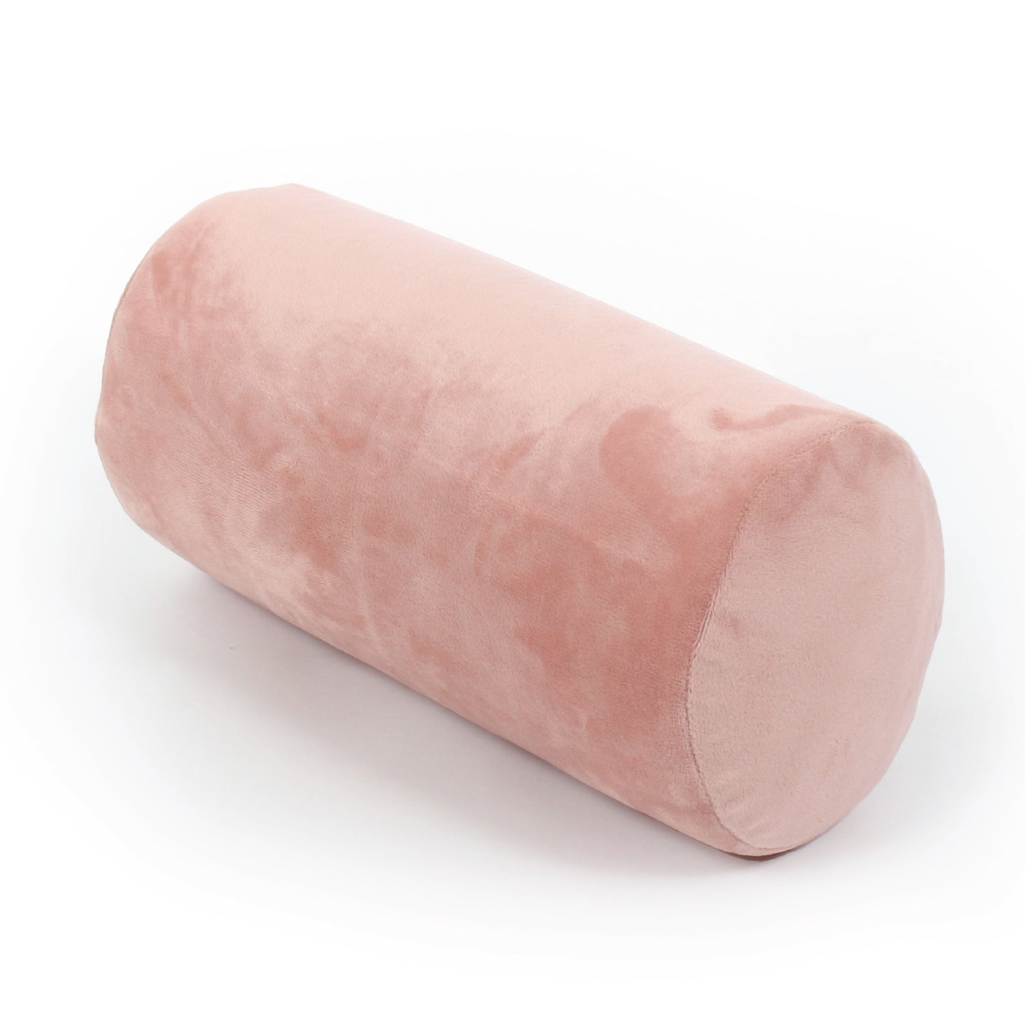 Front view of the Memory Foam Roll Travel Pillow in Pink, which is made of ultra-soft light pink fabric.