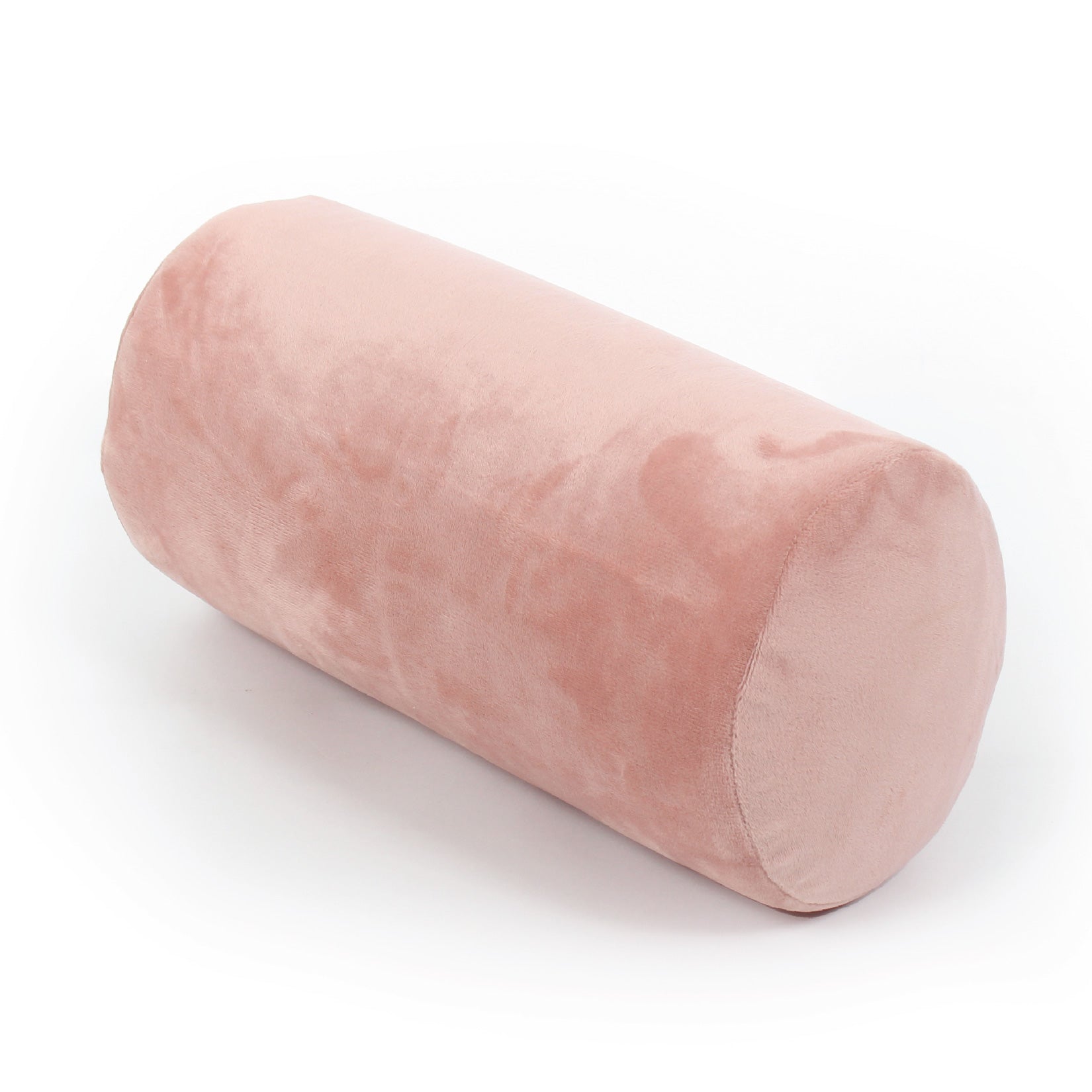 Front view of the Memory Foam Roll Travel Pillow in Pink, which is made of ultra-soft light pink fabric.