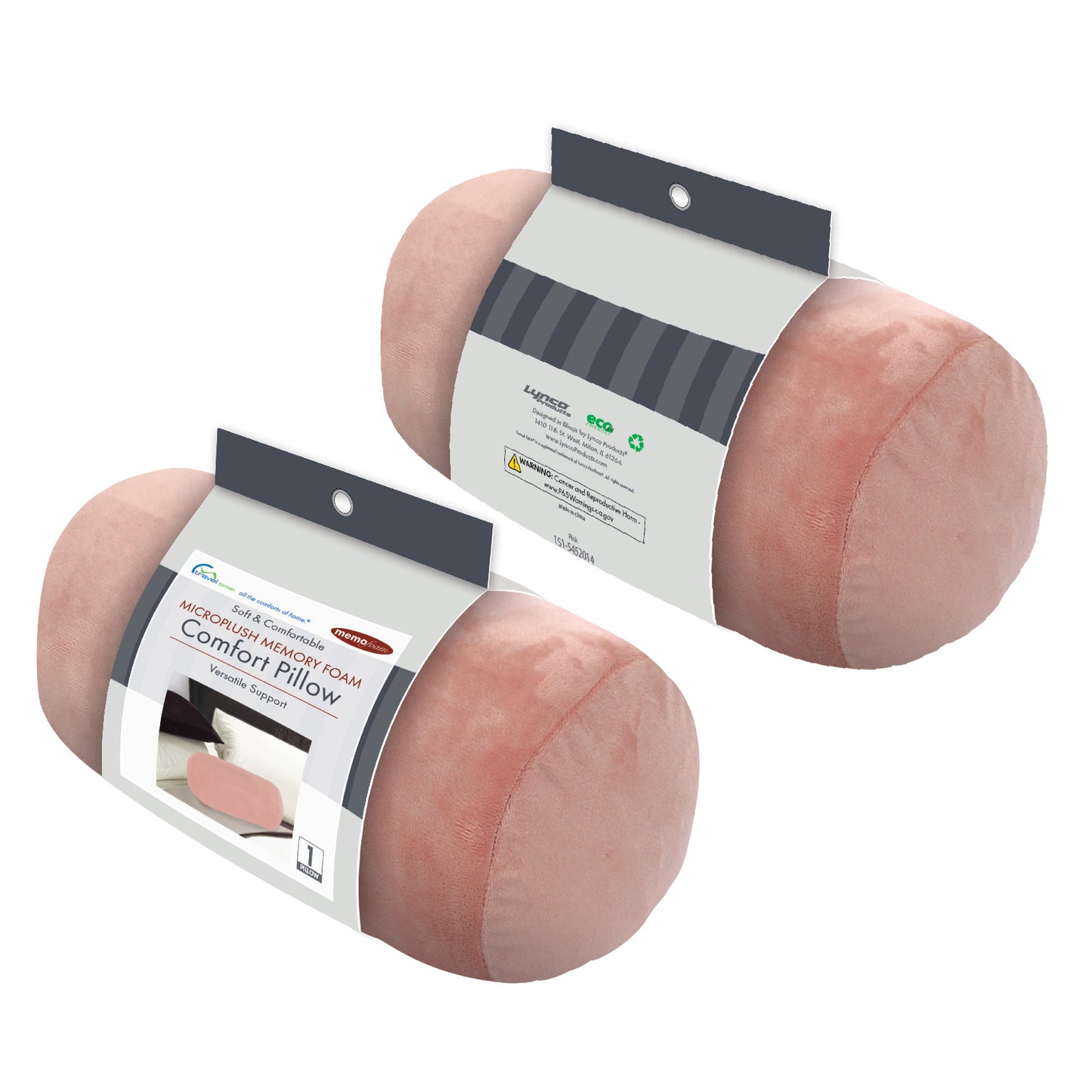 Packaged front and back view of the Memory Foam Roll Travel Pillow in Pink, which is made of ultra-soft light pink fabric.