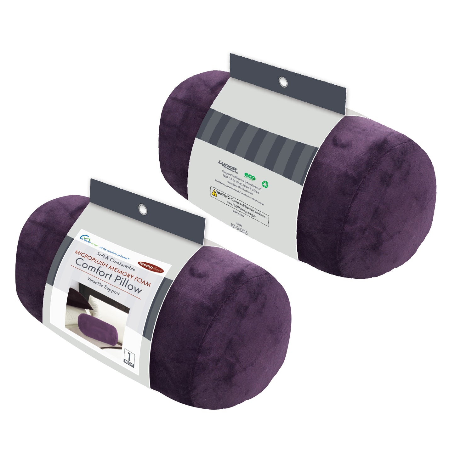 Packaged front and back view of the Memory Foam Roll Travel Pillow in Purple, which is made of ultra-soft dark purple fabric.