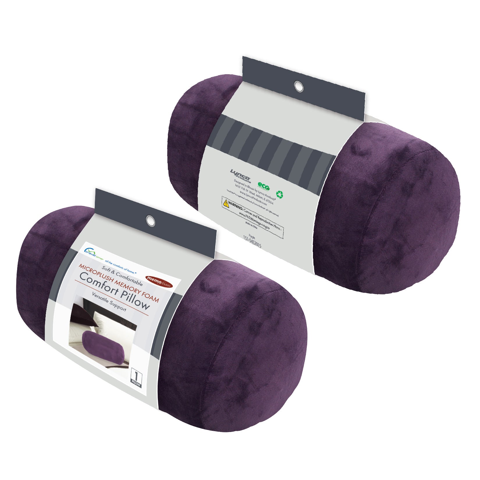 Packaged front and back view of the Memory Foam Roll Travel Pillow in Purple, which is made of ultra-soft dark purple fabric.