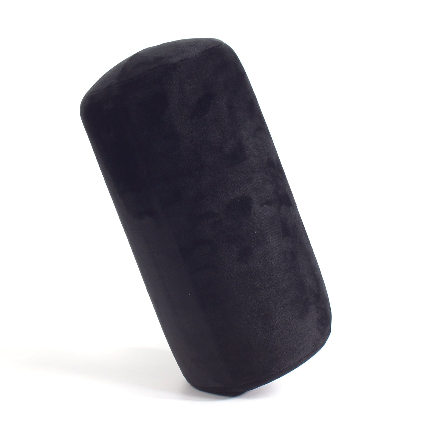Side view of the Memory Foam Roll Travel Pillow in Black, which is made of ultra-soft dark black fabric.