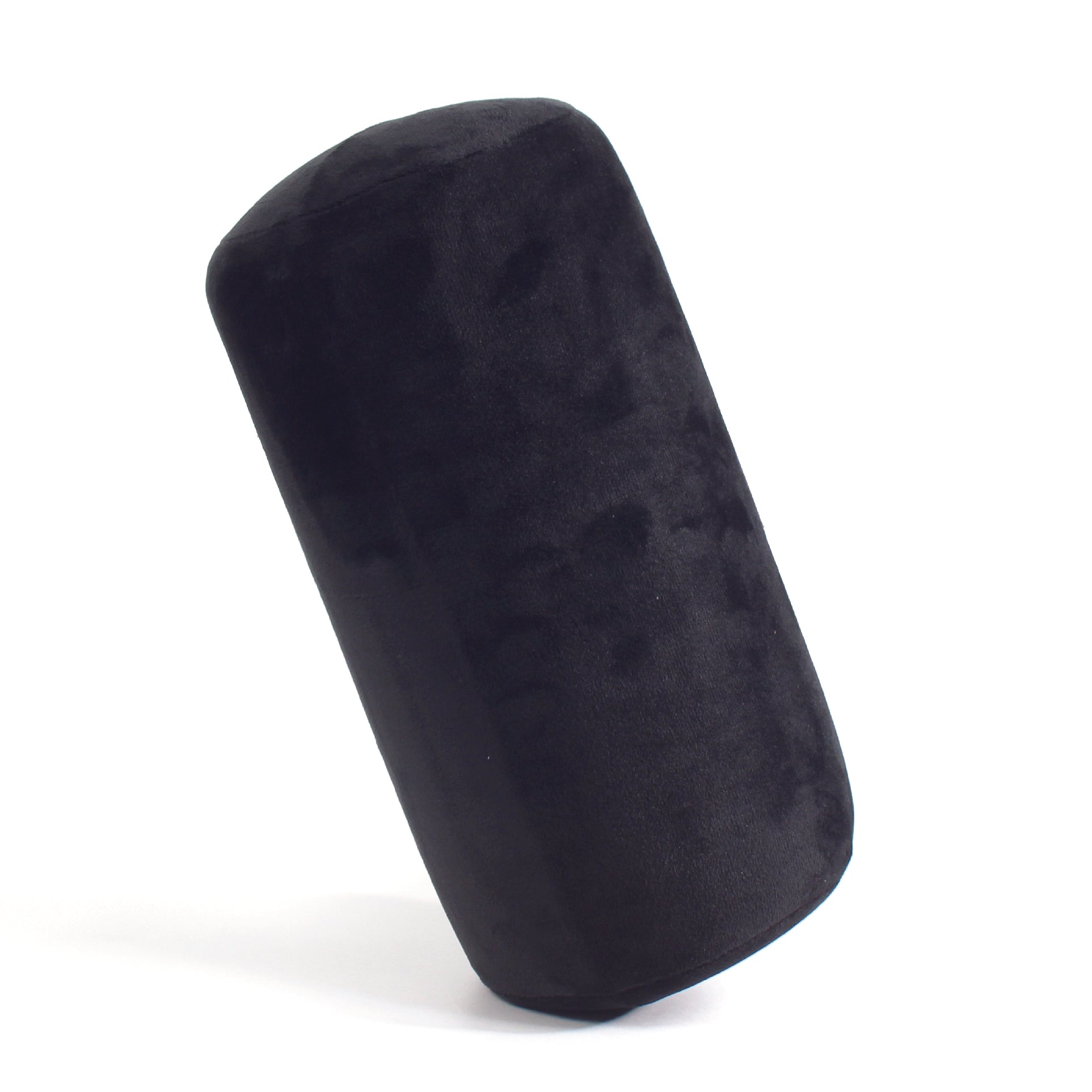 Side view of the Memory Foam Roll Travel Pillow in Black, which is made of ultra-soft dark black fabric.