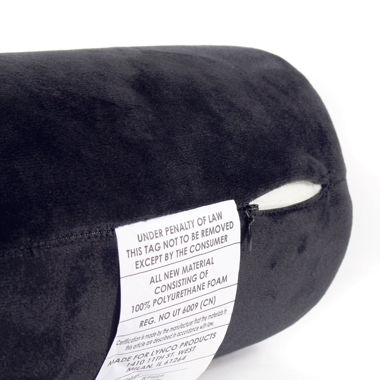 Close up view of the zipper opening on the Memory Foam Roll Travel Pillow in Black, which is exposing the plush interior inside the pillow's cover.