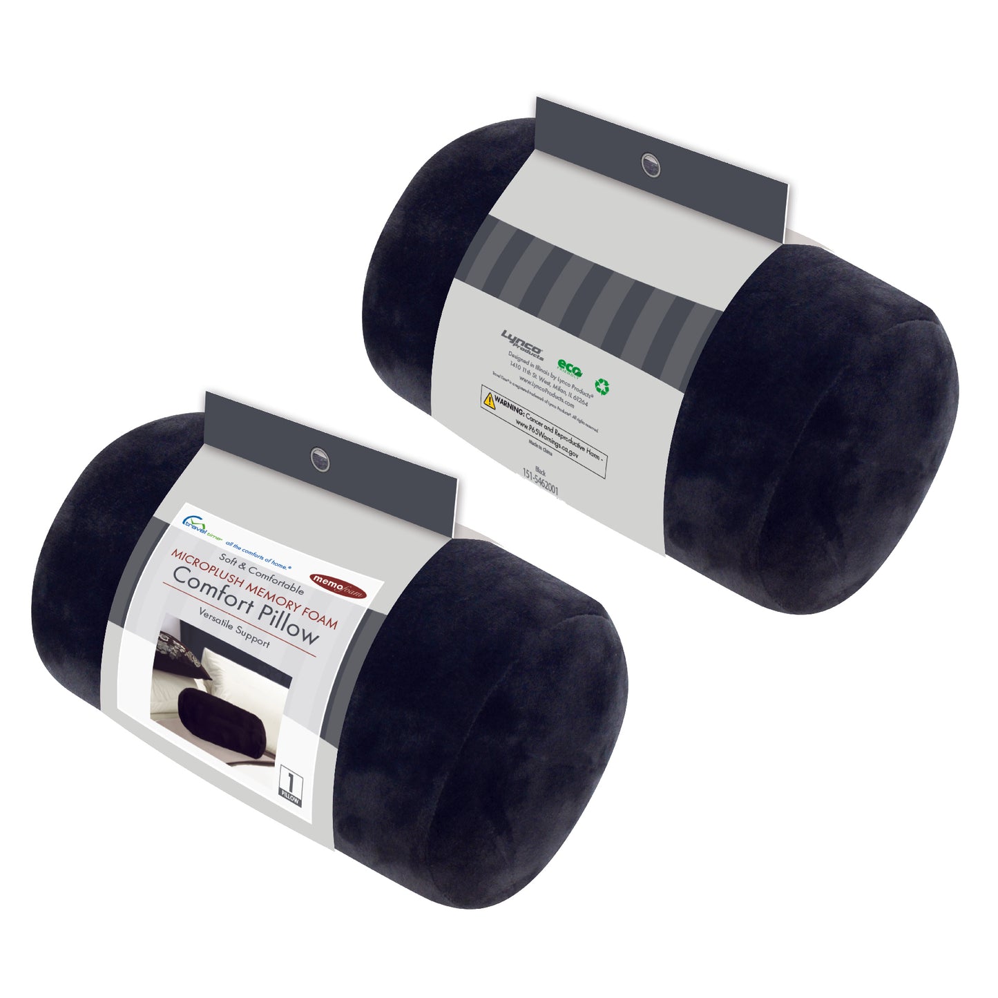 Packaged front and back view of the Memory Foam Roll Travel Pillow in Black, which is made of ultra-soft dark black fabric.