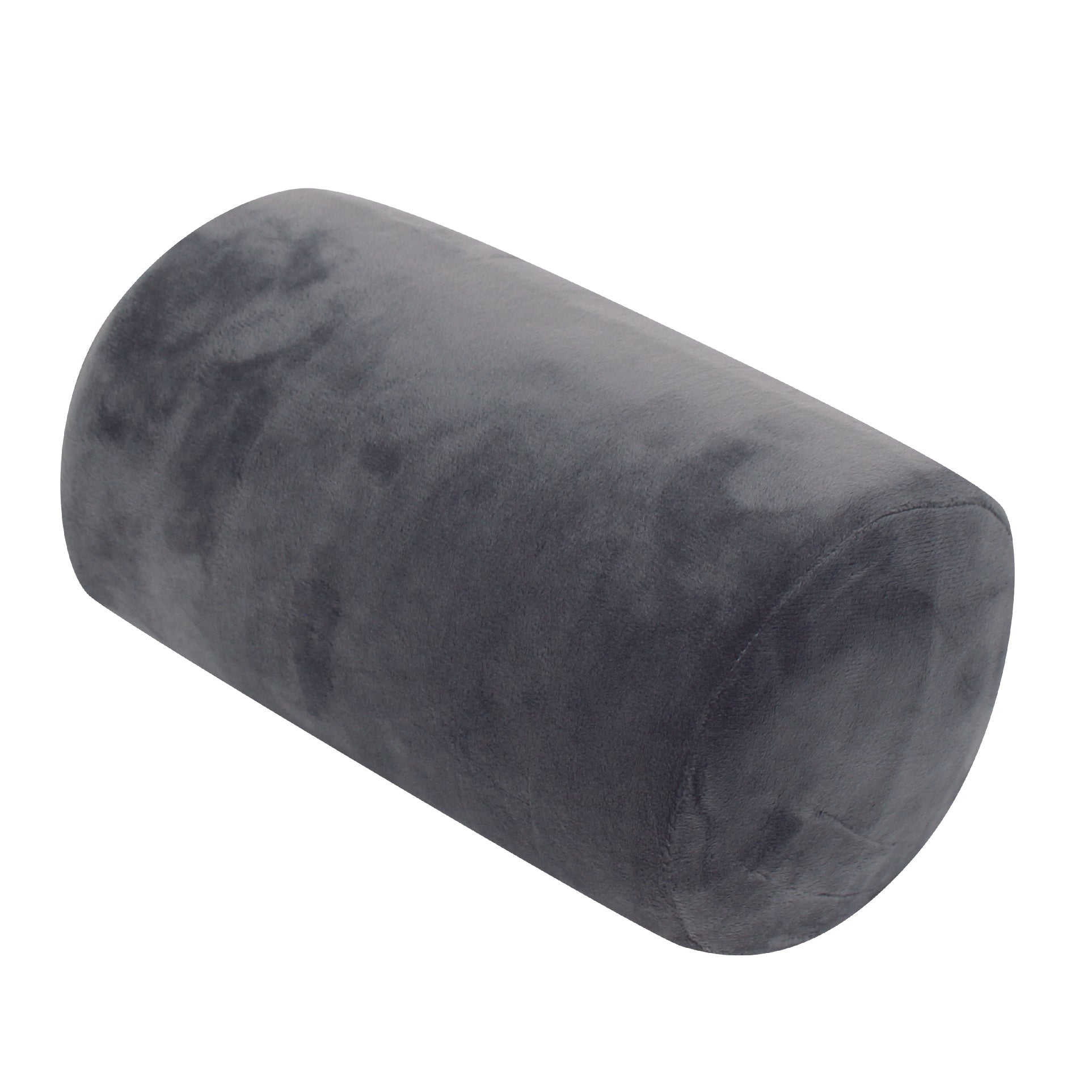 Front view of the Memory Foam Roll Travel Pillow in Gray, which is made of ultra-soft light gray fabric.