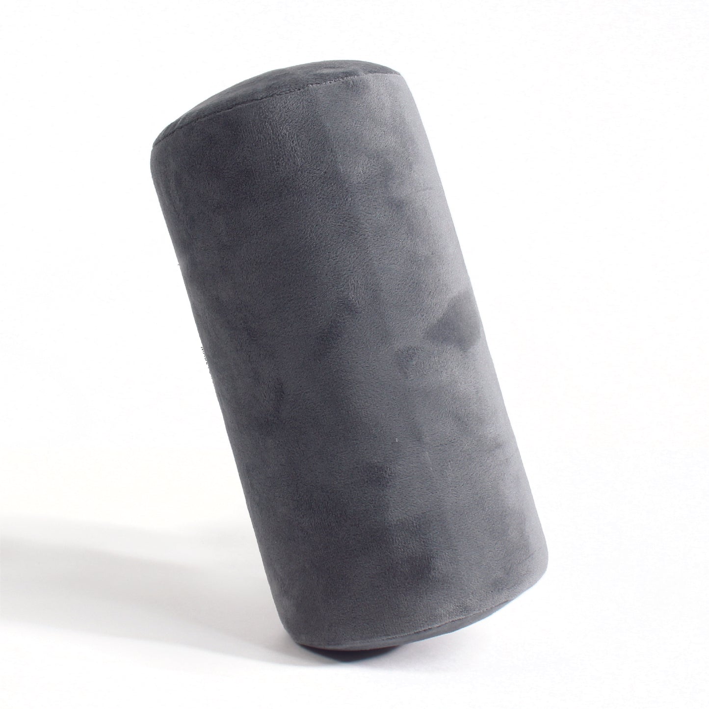 Side view of the Memory Foam Roll Travel Pillow in Gray, which is made of ultra-soft light gray fabric.