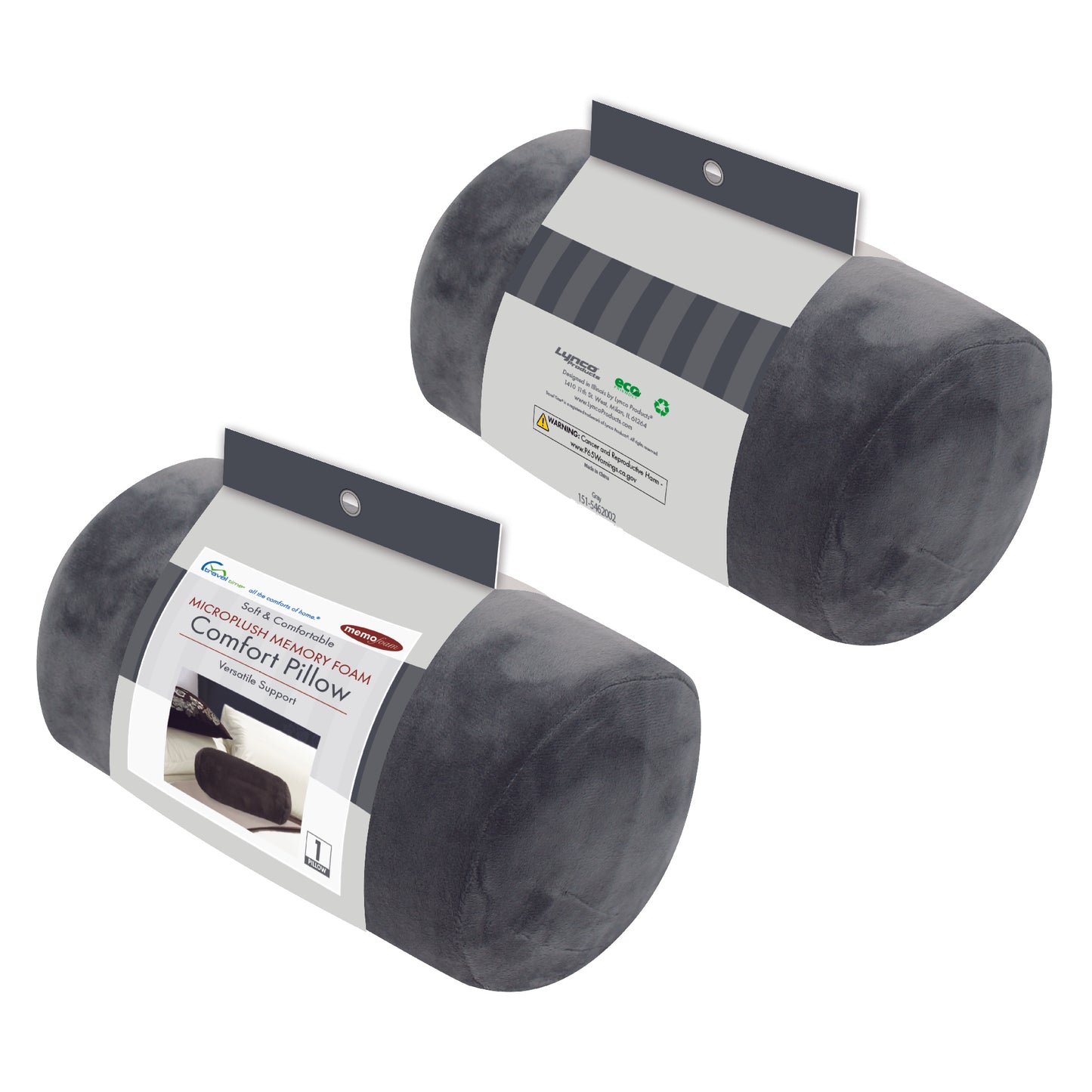 Packaged front and back view of the Memory Foam Roll Travel Pillow in Gray, which is made of ultra-soft light gray fabric.