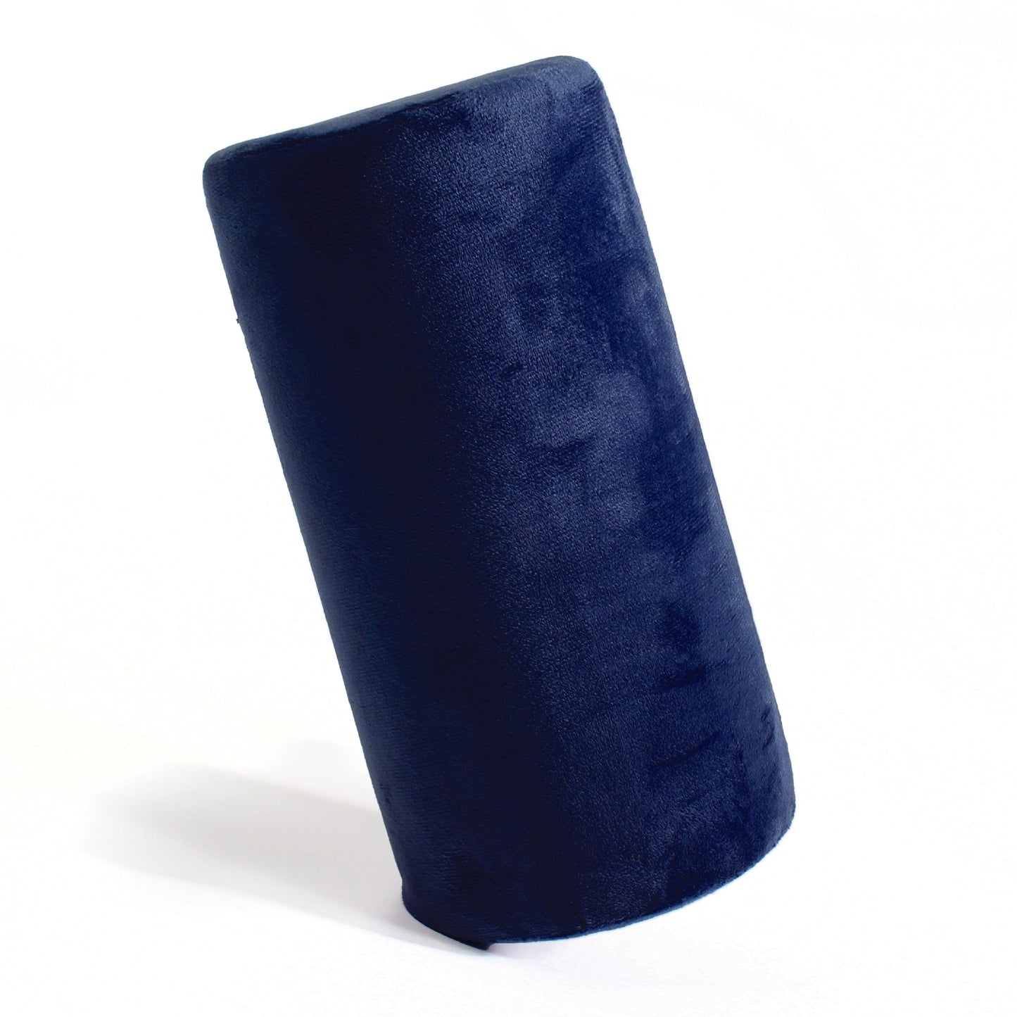 Side view of the Memory Foam Roll Travel Pillow in Navy, which is made of ultra-soft dark navy fabric.