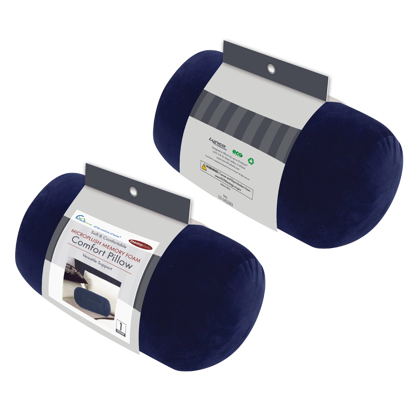 Packaged front and back view of the Memory Foam Roll Travel Pillow in Navy, which is made of ultra-soft dark navy fabric.