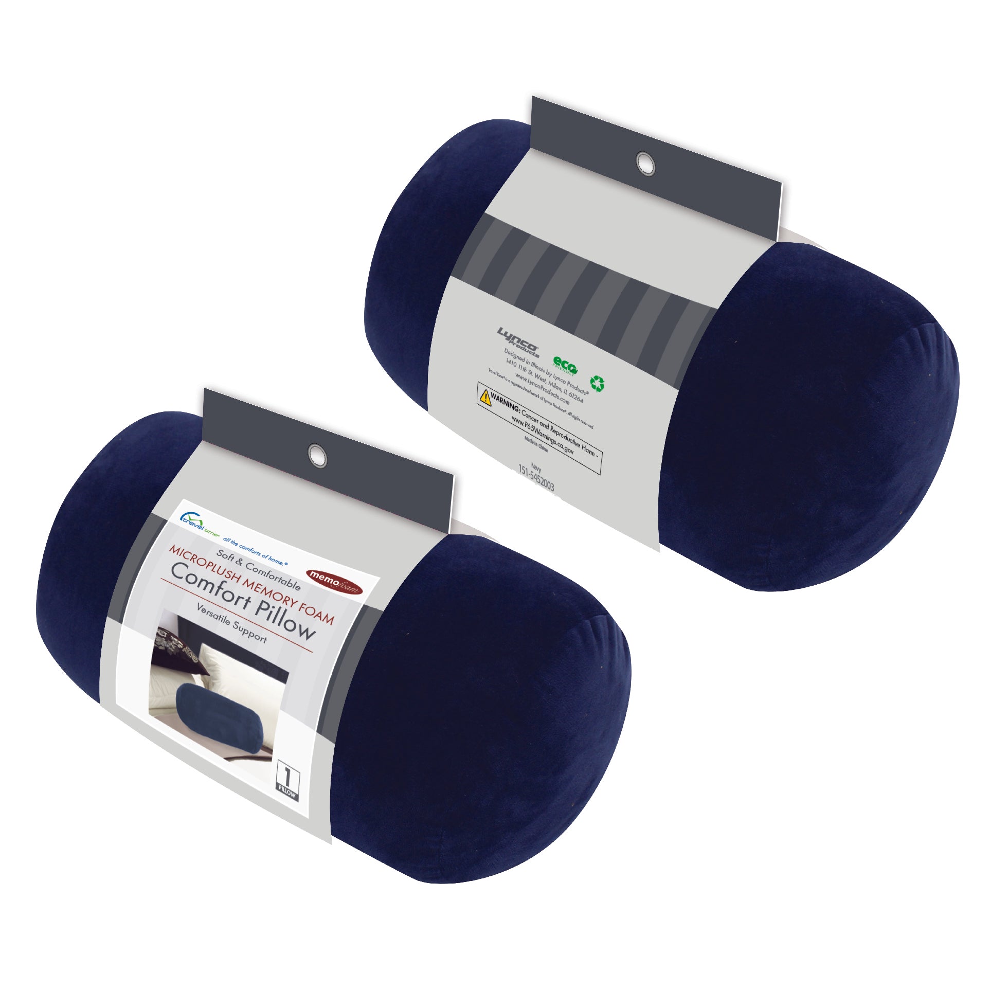 Packaged front and back view of the Memory Foam Roll Travel Pillow in Navy, which is made of ultra-soft dark navy fabric.
