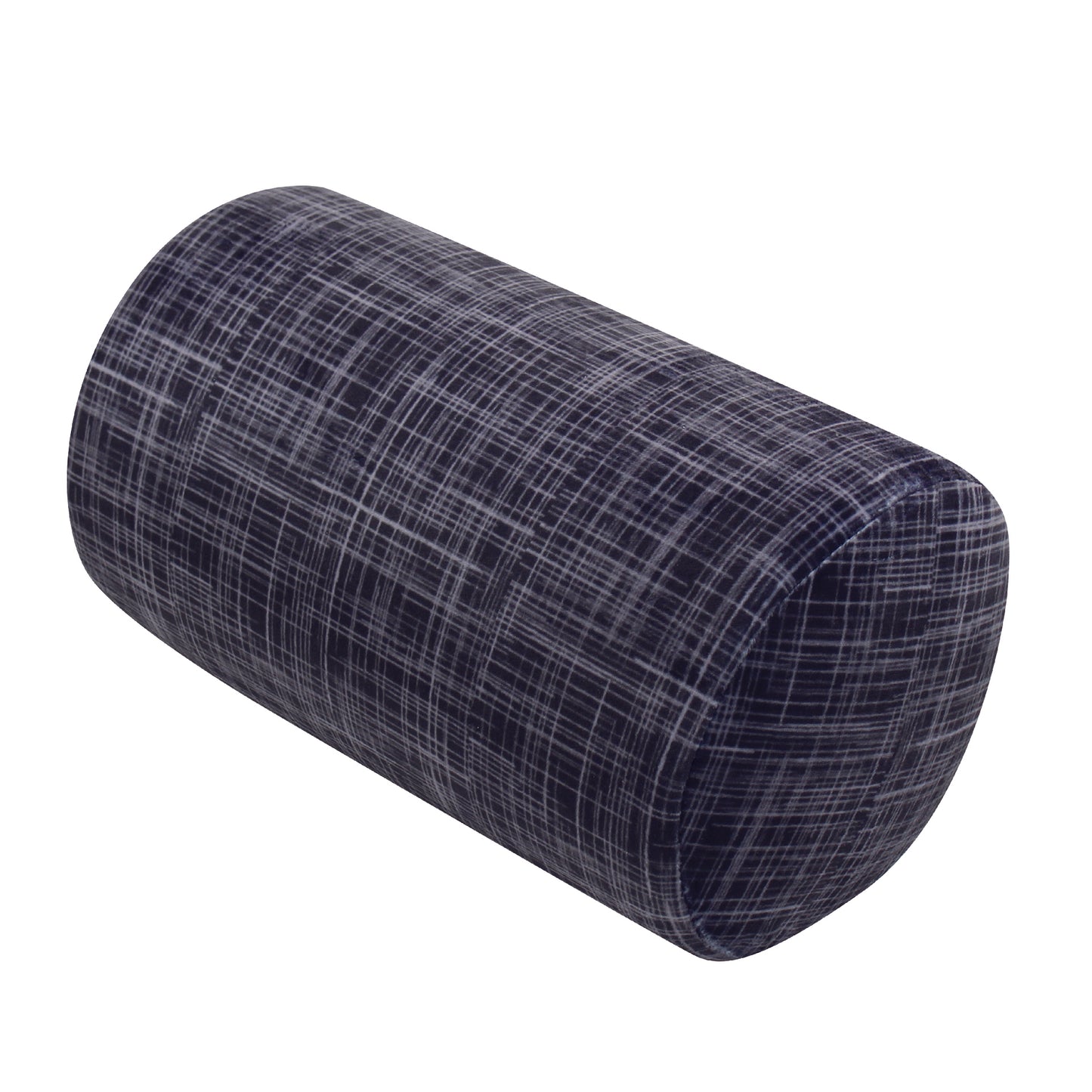 Front view of the Memory Foam Roll Travel Pillow in Black Hatch, which is made of ultra-soft black, gray, and white cross-hatch fabric.