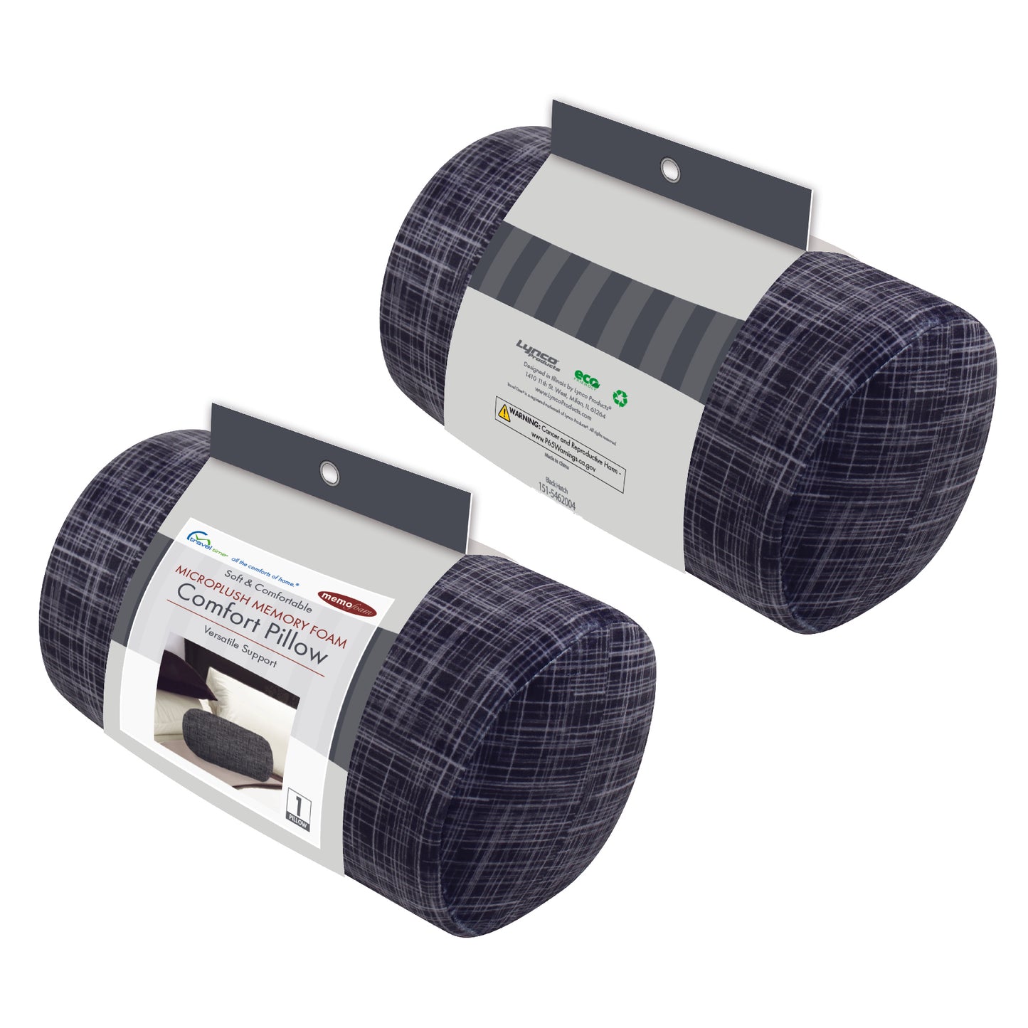Packaged front and back view of the Memory Foam Roll Travel Pillow in Black Hatch, which is made of ultra-soft black, gray, and white cross-hatch fabric.