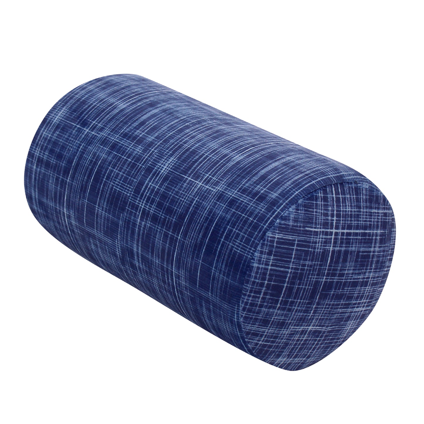 Front view of the Memory Foam Roll Travel Pillow in Navy Hatch, which is made of ultra-soft navy, blue, and white cross-hatch fabric.