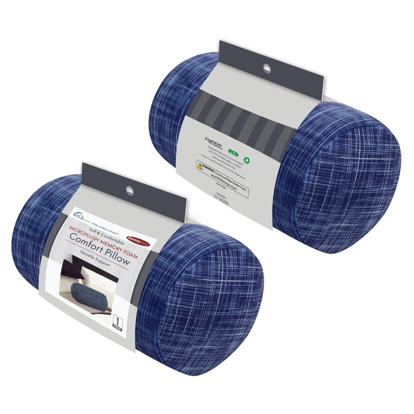 Packaged front and back view of the Memory Foam Roll Travel Pillow in Navy Hatch, which is made of ultra-soft navy, blue, and white cross-hatch fabric.