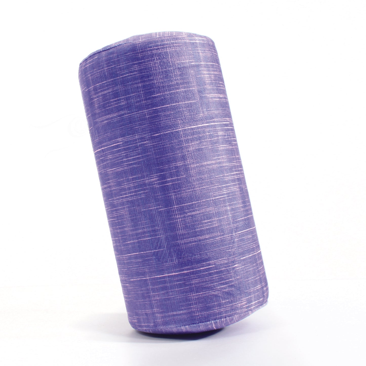 Side view of the Memory Foam Roll Travel Pillow in UV Hatch, which is made of ultra-soft purple and pink cross-hatch fabric.