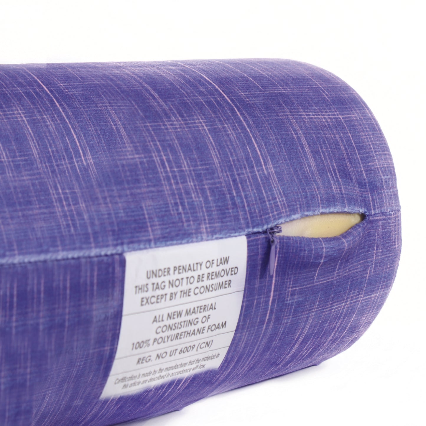 Close up view of the zipper opening on the Memory Foam Roll Travel Pillow in UV Hatch, which is exposing the plush interior inside the pillow's cover.
