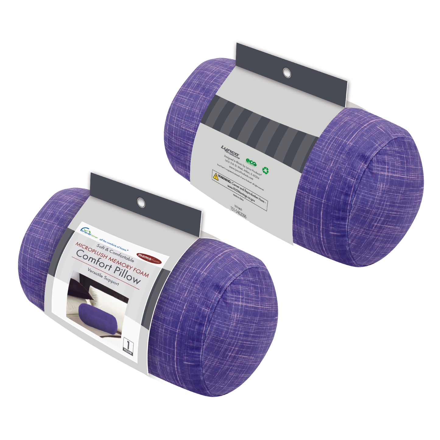 Packaged front and back view of the Memory Foam Roll Travel Pillow in UV Hatch, which is made of ultra-soft purple and pink cross-hatch fabric.