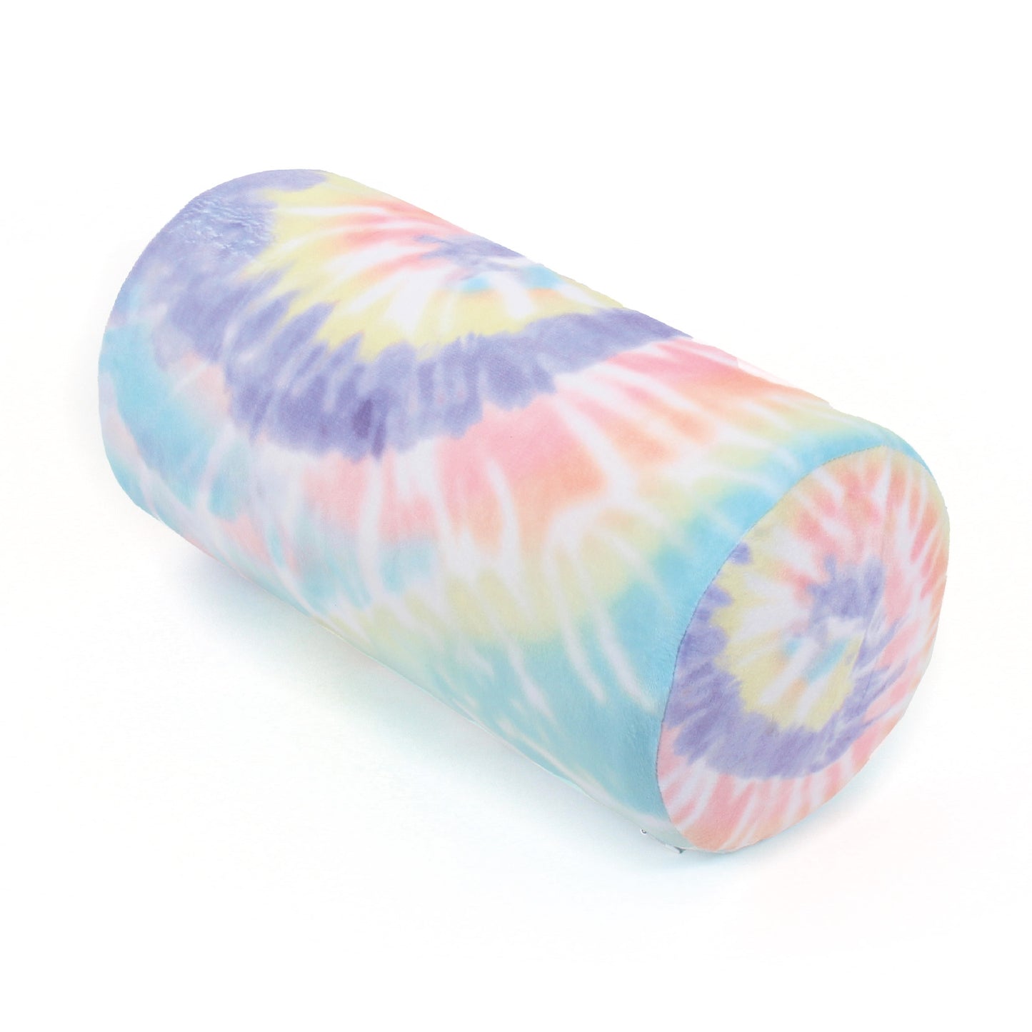 Front view of the Memory Foam Roll Travel Pillow in Multicolor Tie Dye, which is made of ultra-soft rainbow pastel tie dye fabric.