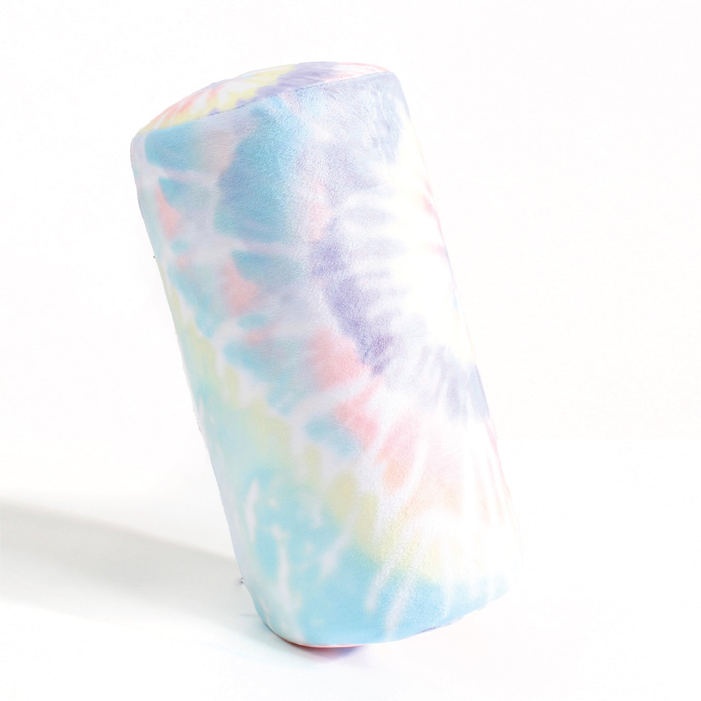 Side view of the Memory Foam Roll Travel Pillow in Multicolor Tie Dye, which is made of ultra-soft rainbow pastel tie dye fabric.